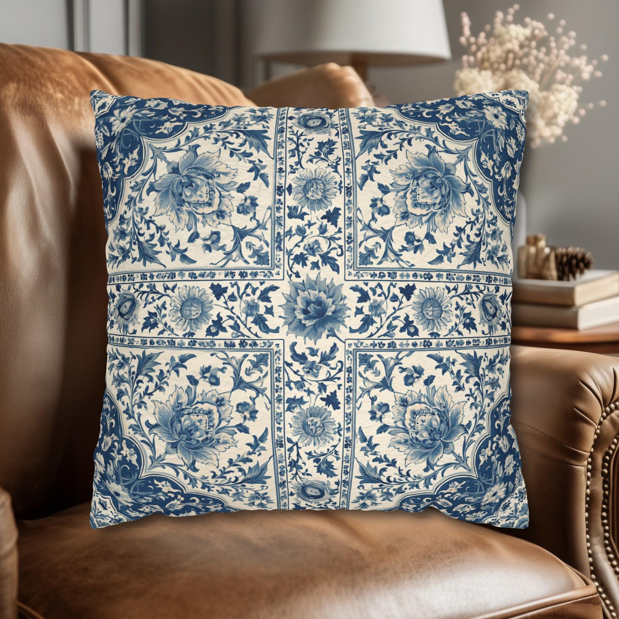 Toile Pillow Cover: Blue and Cream Botanical Farmhouse Decor