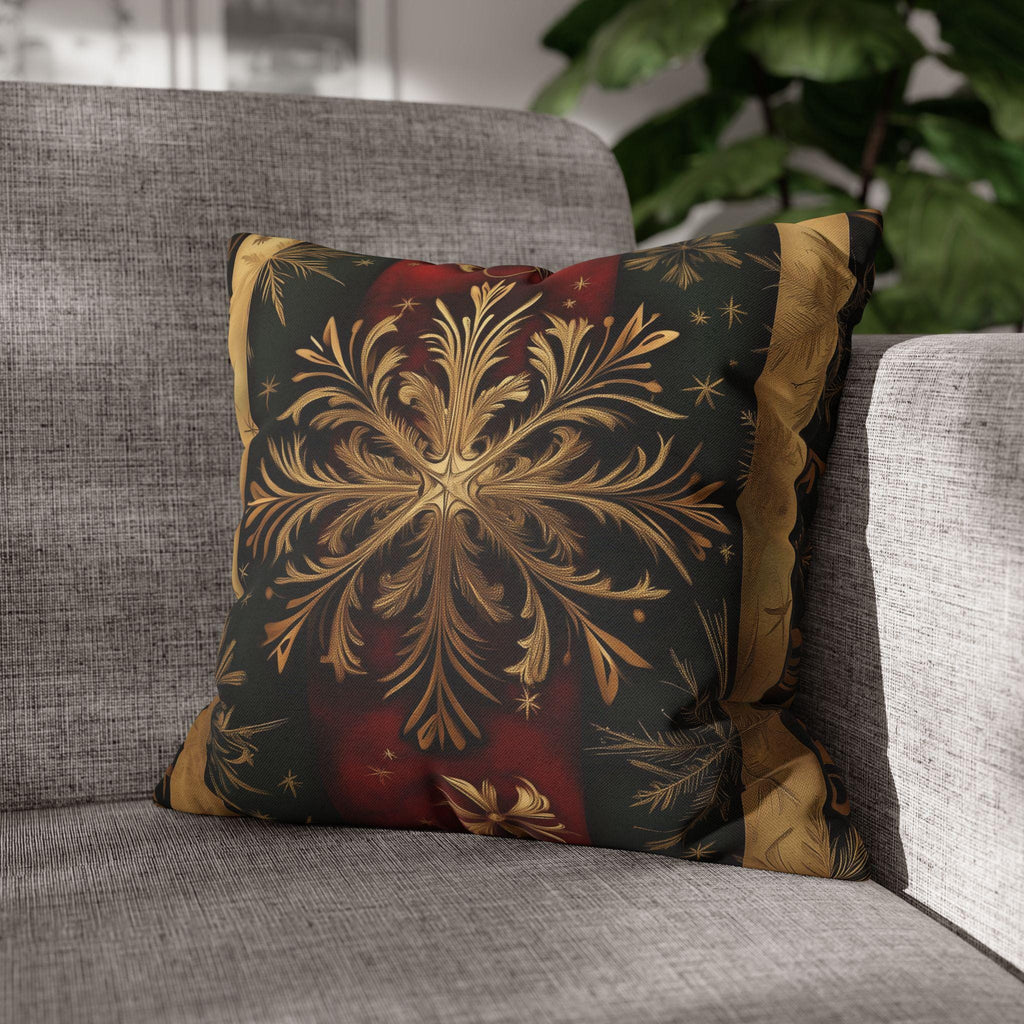 Elegant Holiday Snowflake Pillow Cover: Festive Red, Green & Gold Striped Christmas Decor for Home
