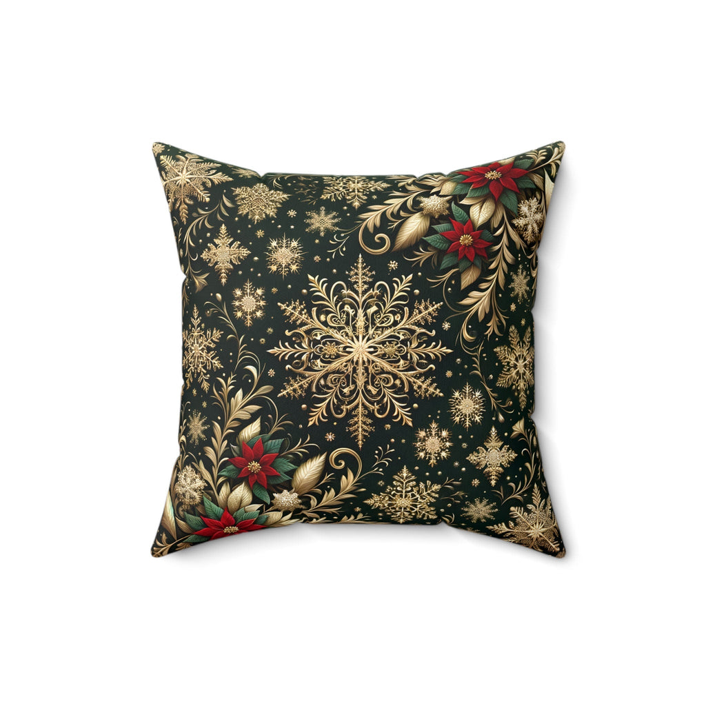Elegant Poinsettia Christmas Throw Pillow: Golden Snowflakes & Emerald Festive Holiday Home Decor Accent
