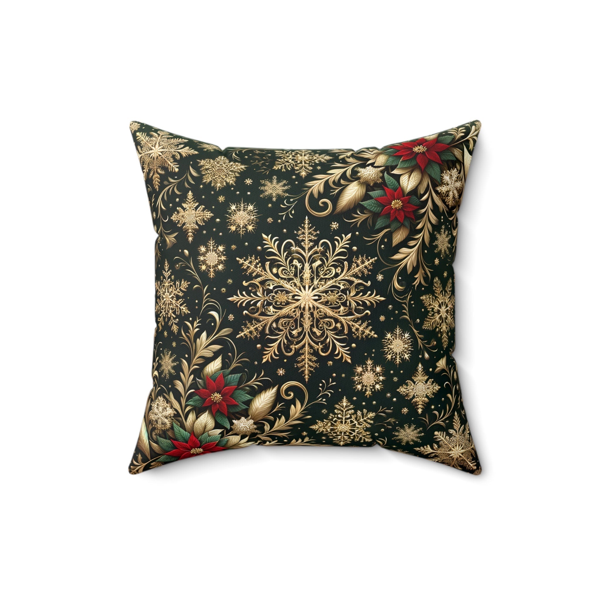 Elegant Poinsettia Christmas Throw Pillow: Golden Snowflakes & Emerald Festive Holiday Home Decor Accent