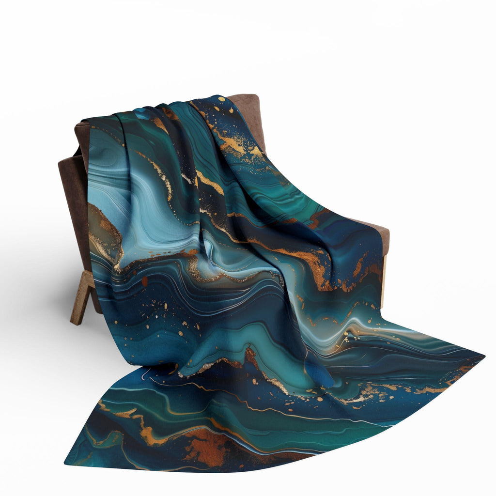 Ocean Waves Fleece Throw: Teal Navy & Gold Accent Blanket