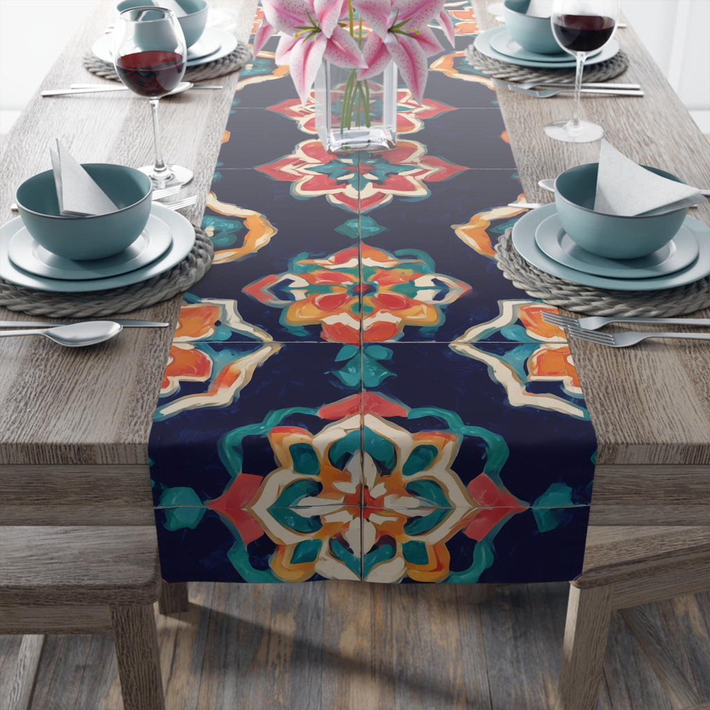 Bohemian Mandala Table Runner: Navy, Coral, Gold & Teal Tile Design for Eclectic Home Decor