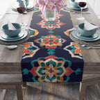 Bohemian Mandala Table Runner: Navy, Coral, Gold & Teal Tile Design for Eclectic Home Decor