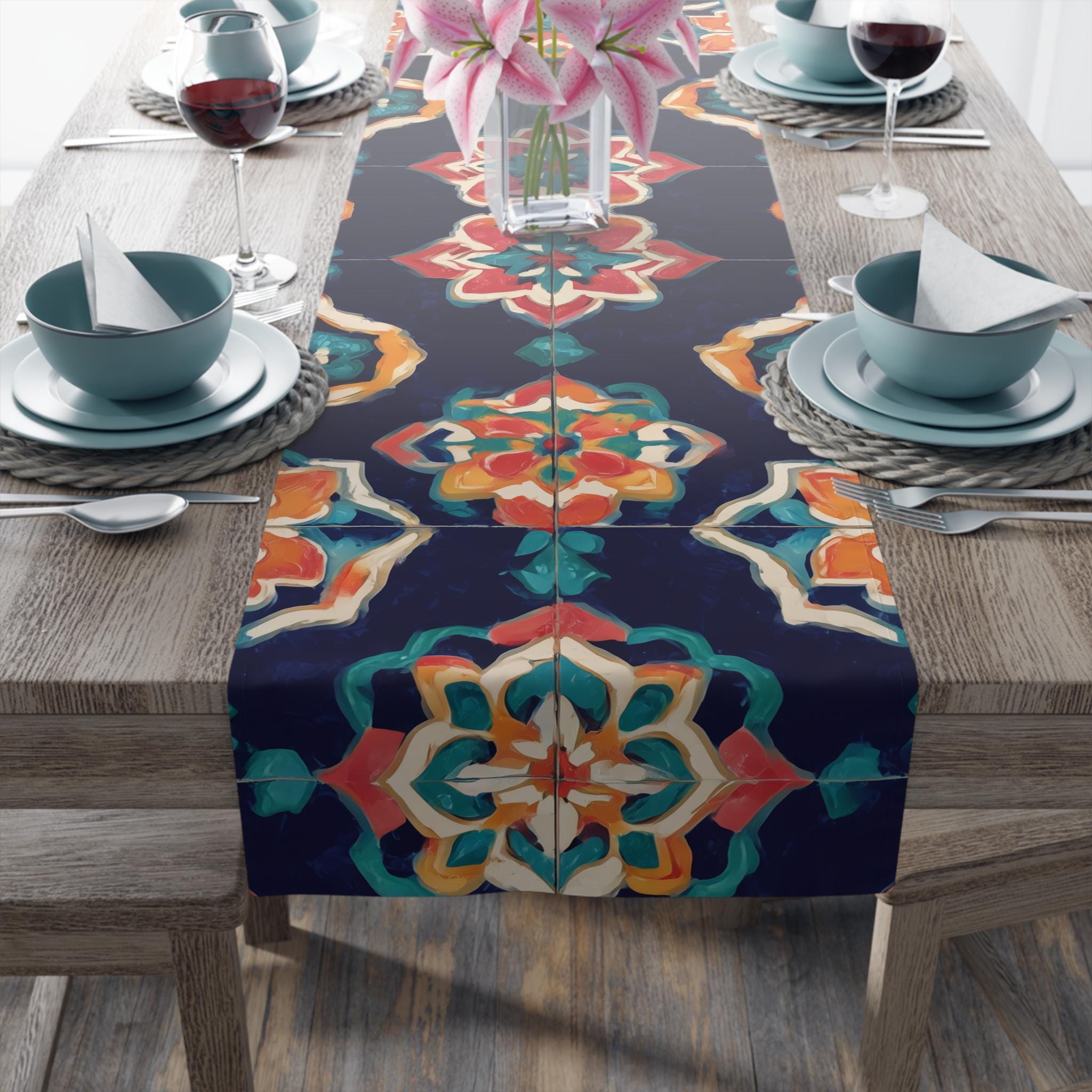 Bohemian Mandala Table Runner: Navy, Coral, Gold & Teal Tile Design for Eclectic Home Decor
