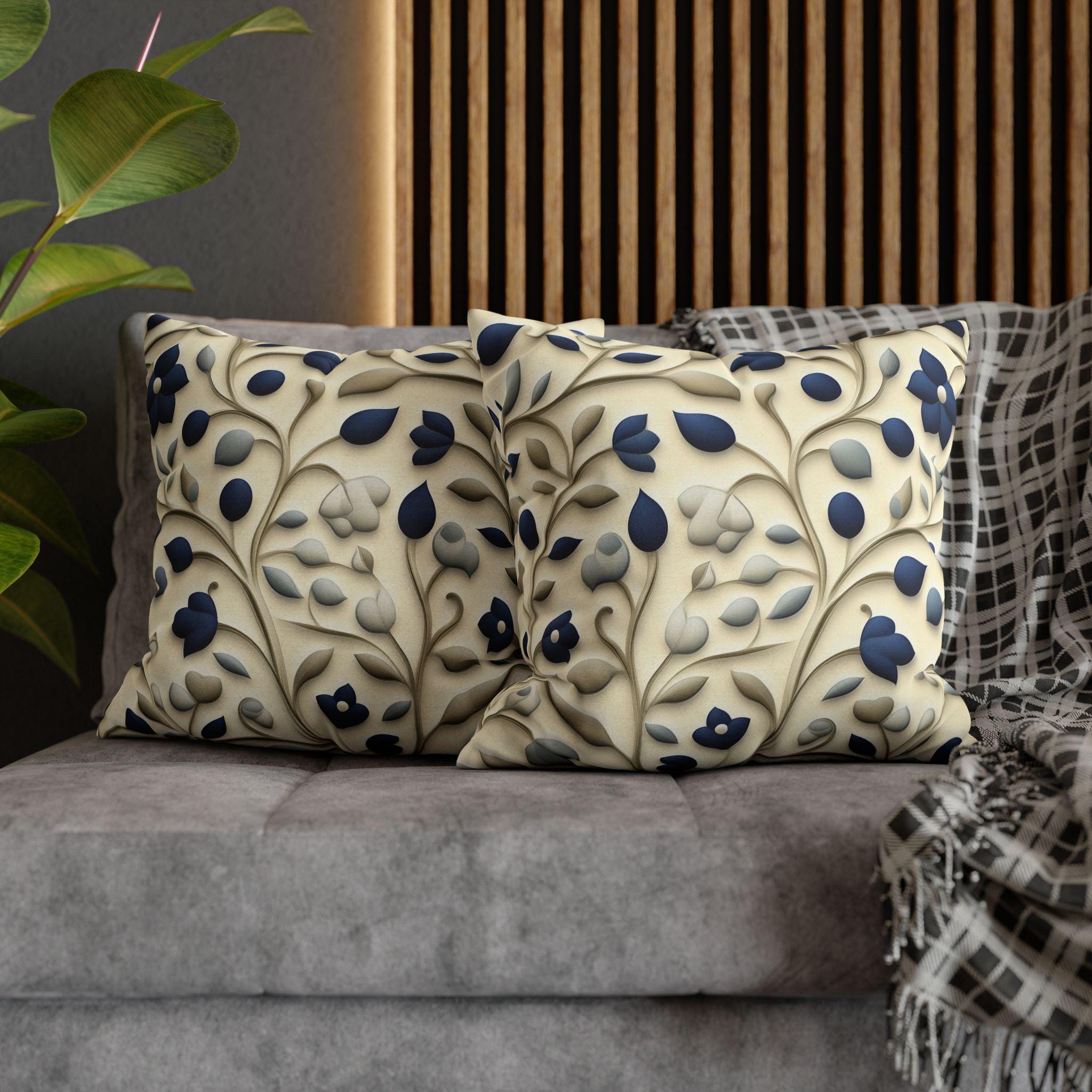 William Morris Inspired Floral Pillow Cover: Navy, Taupe, Cream