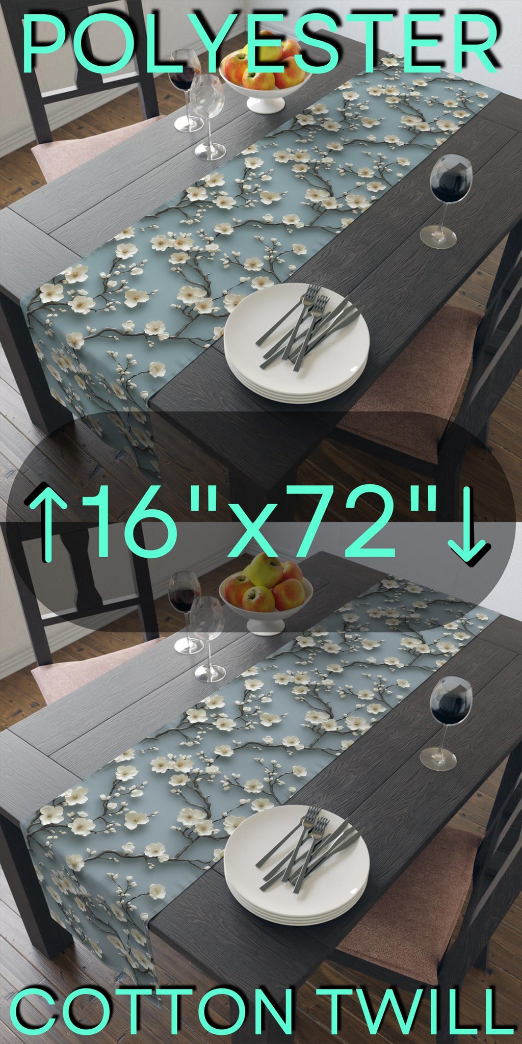 Elegant Chinoiserie Table Runner: Blue-Teal Gradient Cherry Blossom Design for Modern Dining Decor