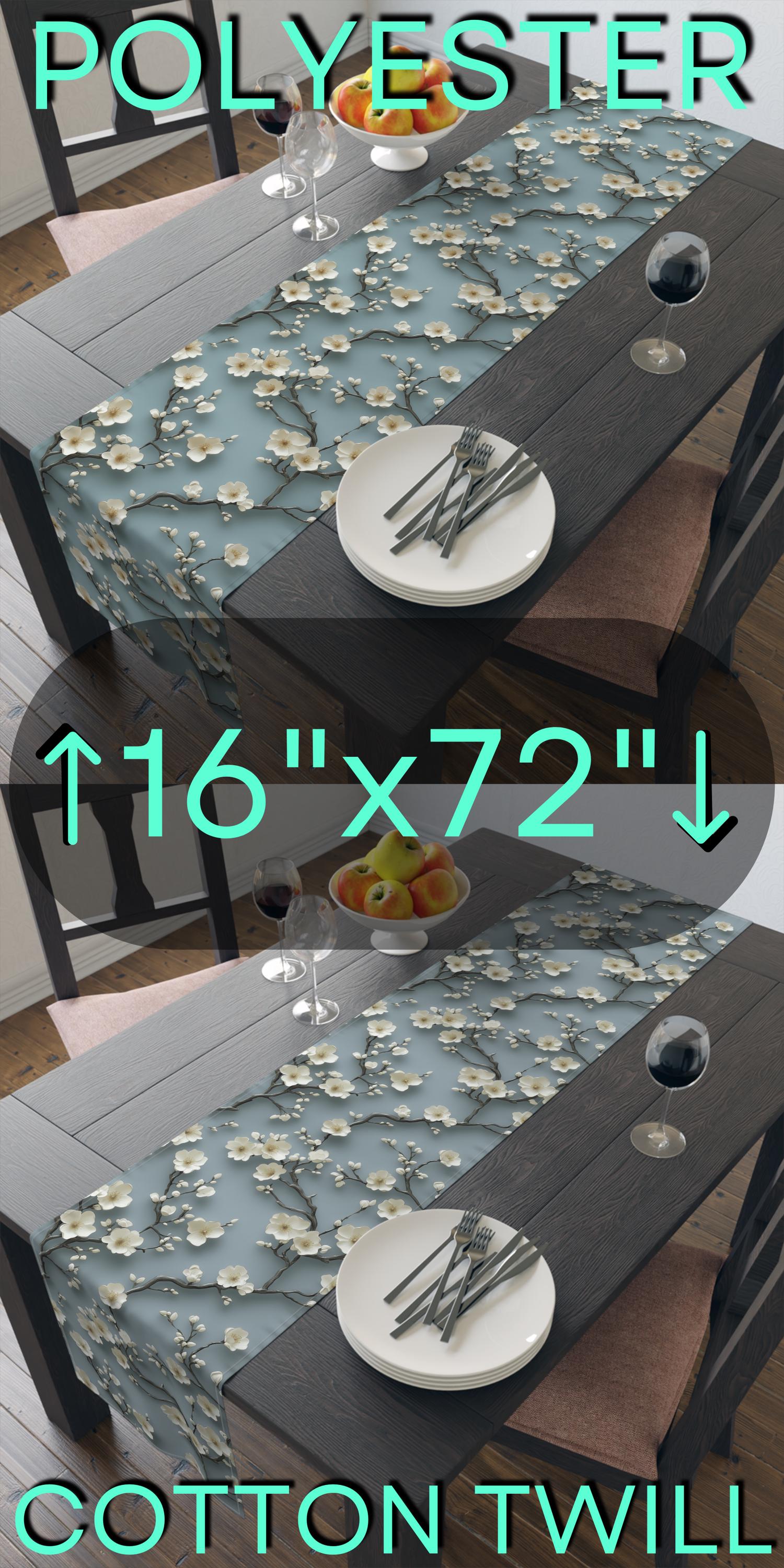Elegant Chinoiserie Table Runner: Blue-Teal Gradient Cherry Blossom Design for Modern Dining Decor