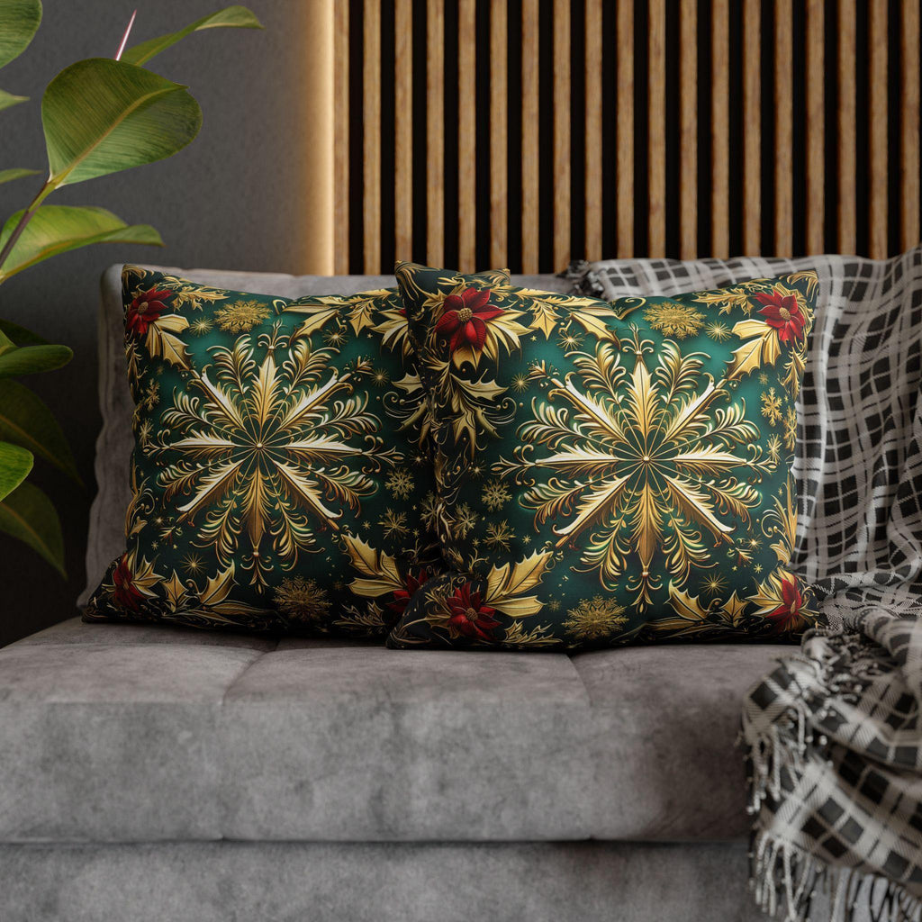 Christmas Snowflake Pillow Cover, Elegant Emerald Green and Gold Design, Luxury Cushion Cover