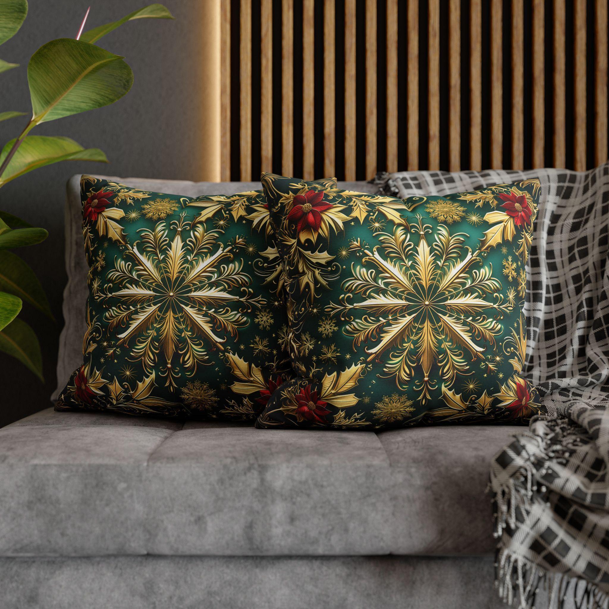 Christmas Snowflake Pillow Cover, Elegant Emerald Green and Gold Design, Luxury Cushion Cover
