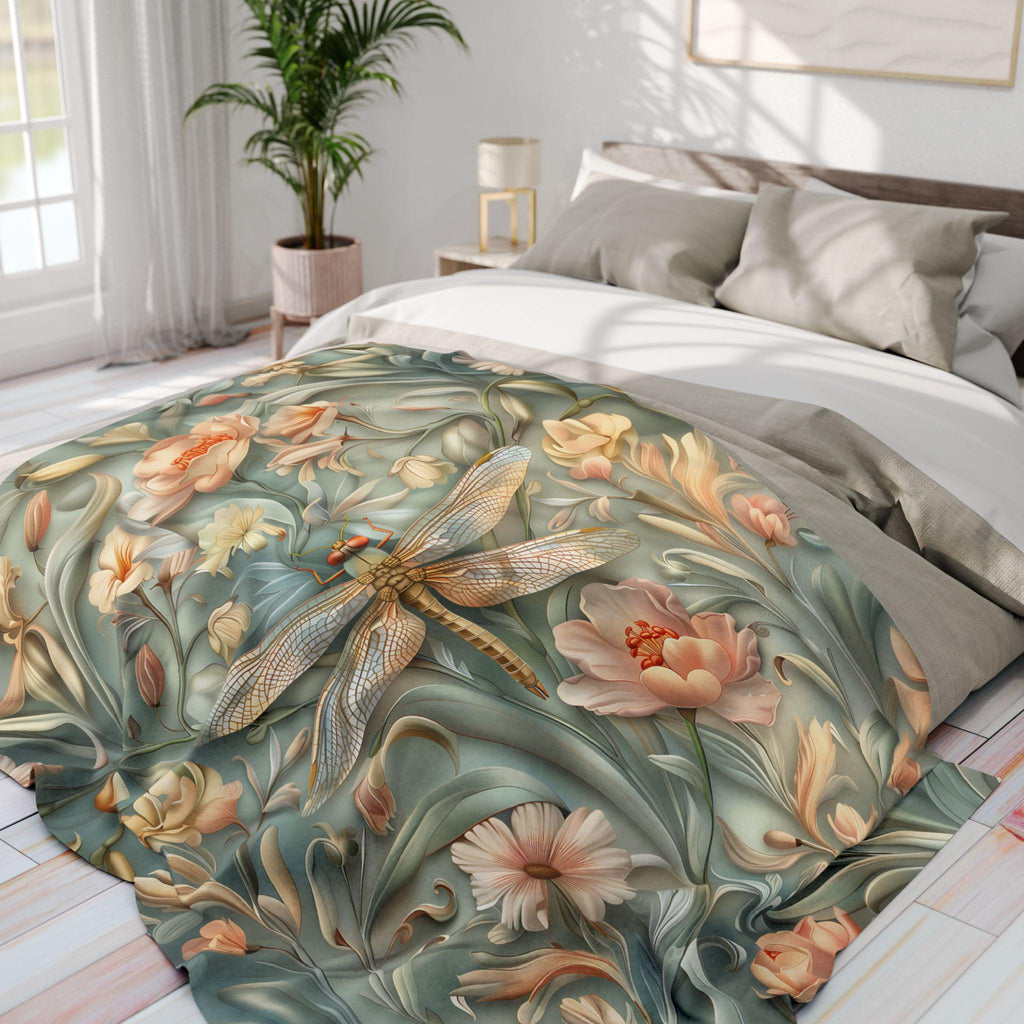 Luxurious William Morris Dragonfly Fleece Throw: Blue & Gold Wings, Pink Flowers, Elegant Nature Design