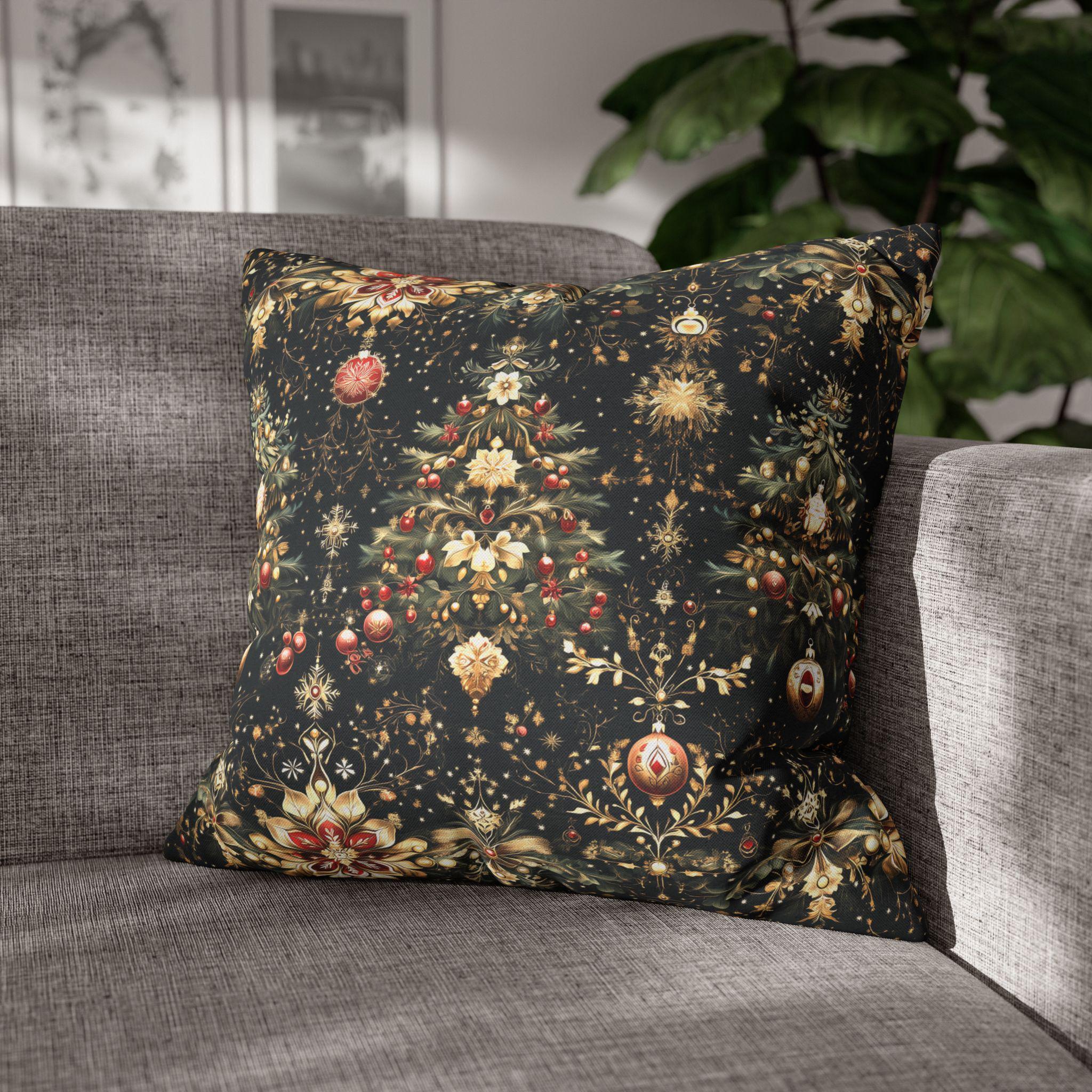 Christmas Tree Pillow Cover: Luxe Gold Red & Green on Deep Charcoal Holiday Decor