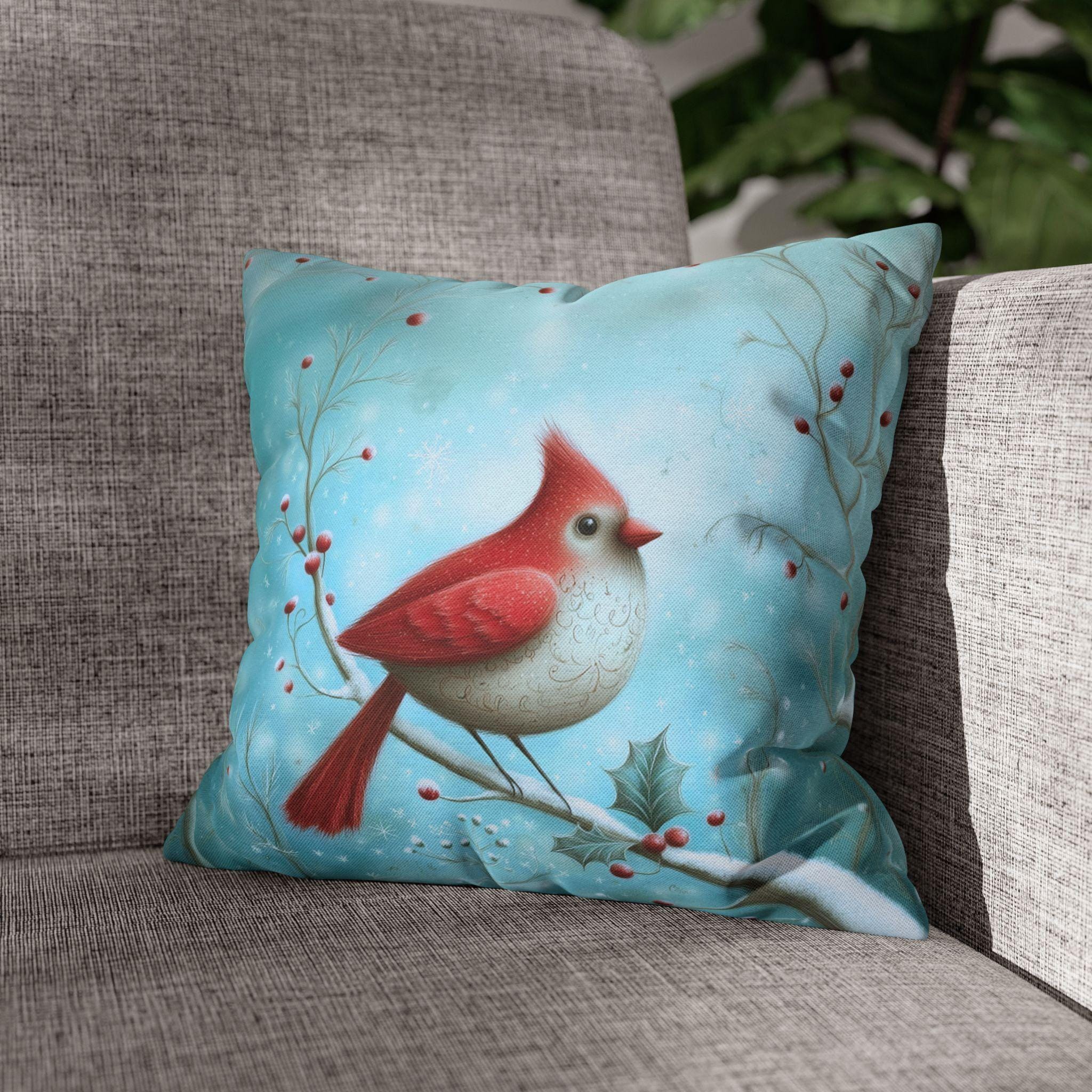 Winter Cardinal Throw Pillow Cover: Frosty Blue Holiday Bird Accent