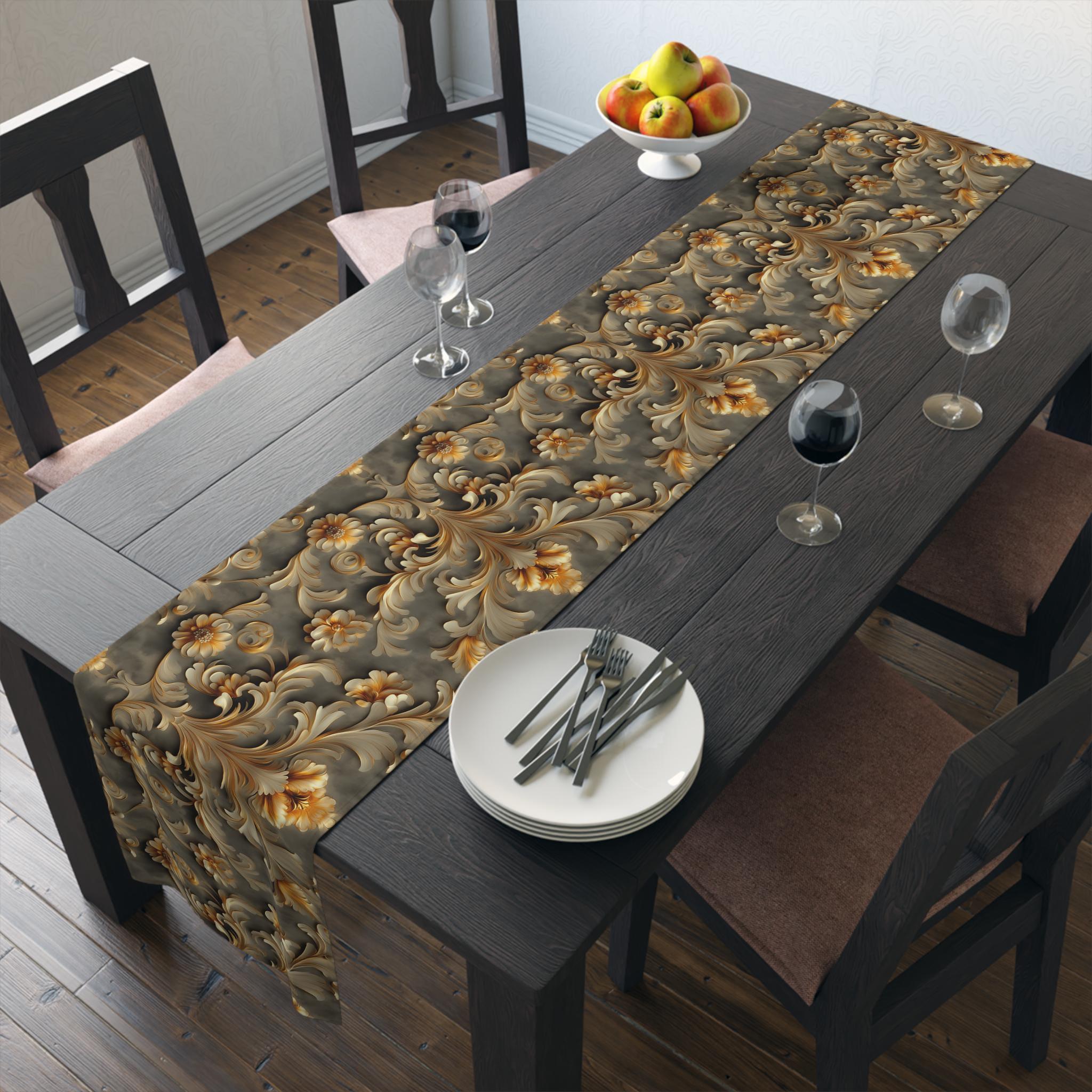 French Damask Table Runner, Golden Floral Elegant Home Decor