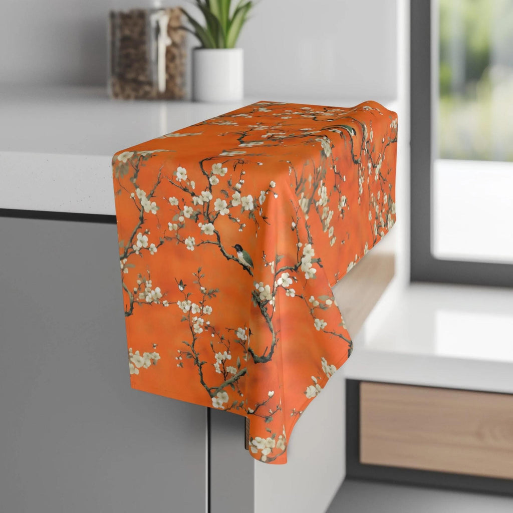 Chinoiserie Hand Towel: Burnt Orange with Blossoms and Birds for Asian-Inspired Decor
