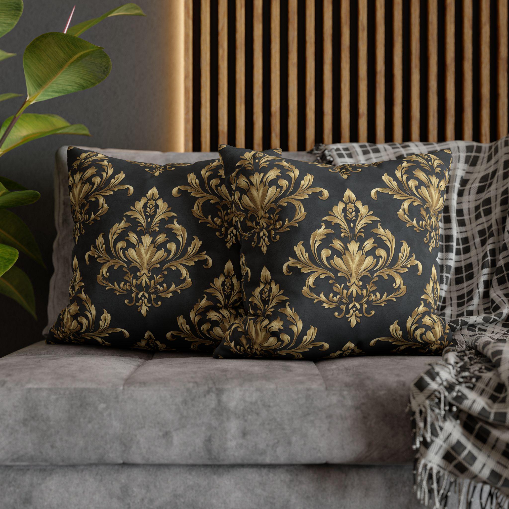 Gold Damask Pillow Cover: Deep Charcoal Vintage Home Decor