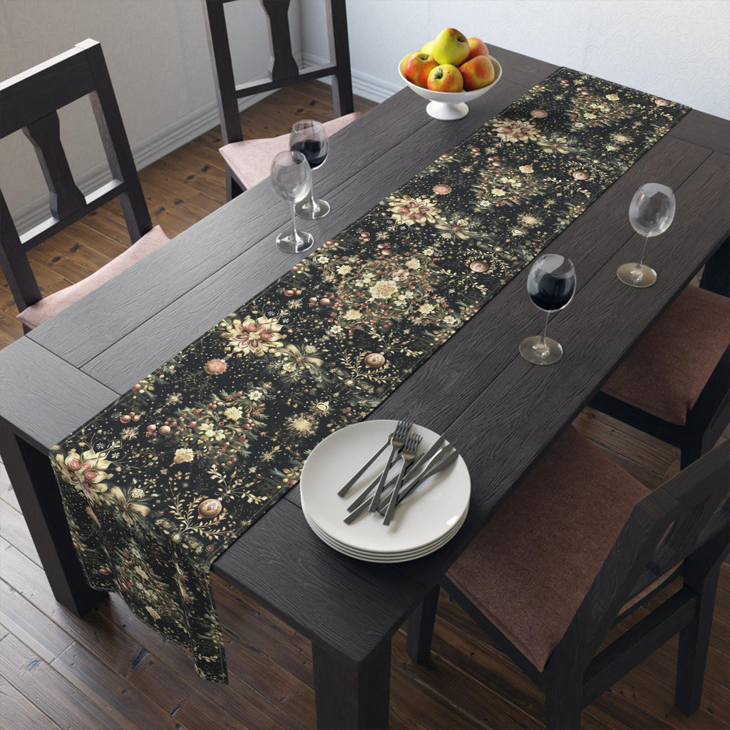 Christmas Tree Table Runner: Luxe Gold Red & Green on Deep Charcoal Holiday Table Decor
