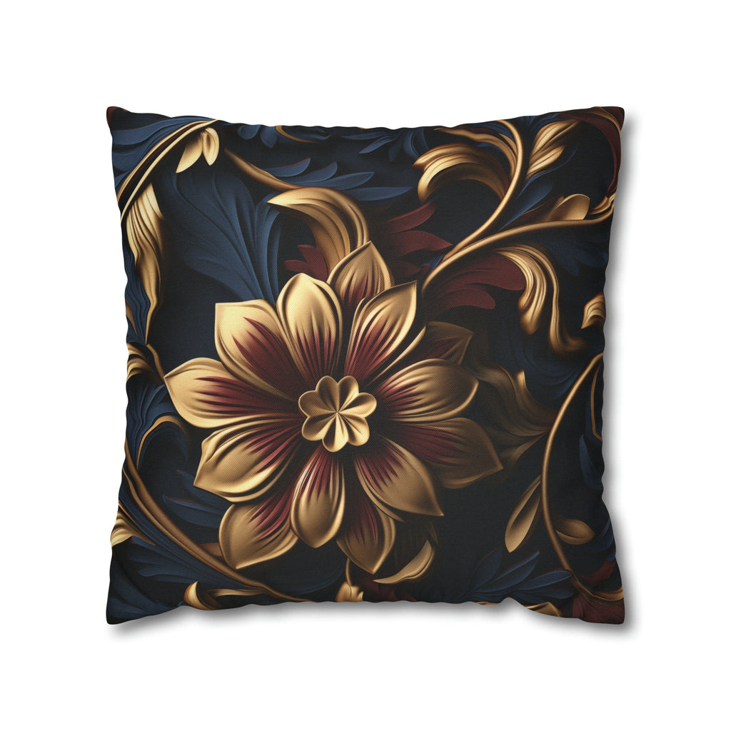 Luxurious Baroque Floral Pillow Cover: Burgundy & Gold on Navy Background, Ornate Design