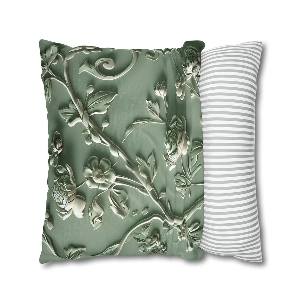 Elegant Chinoiserie Floral Pillow Cover: Sage & Teal Monochromatic Sculpted Botanical Cushion Case