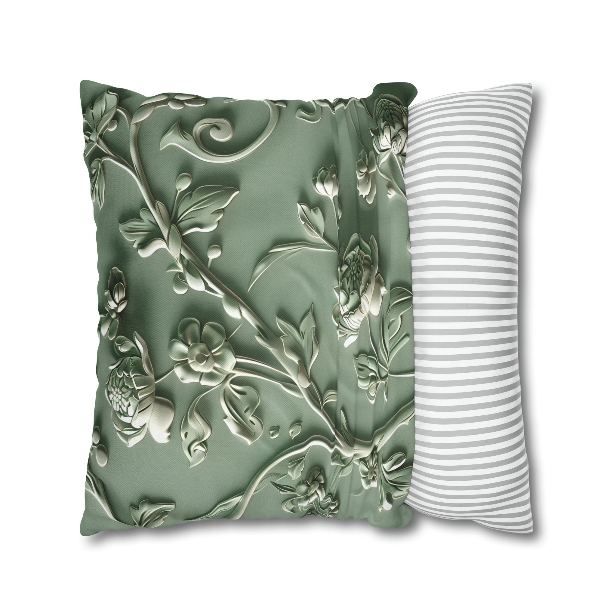 Elegant Chinoiserie Floral Pillow Cover: Sage & Teal Monochromatic Sculpted Botanical Cushion Case