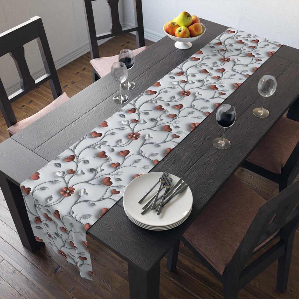 Table Runner: Romantic Red Flowers and Silver Vines