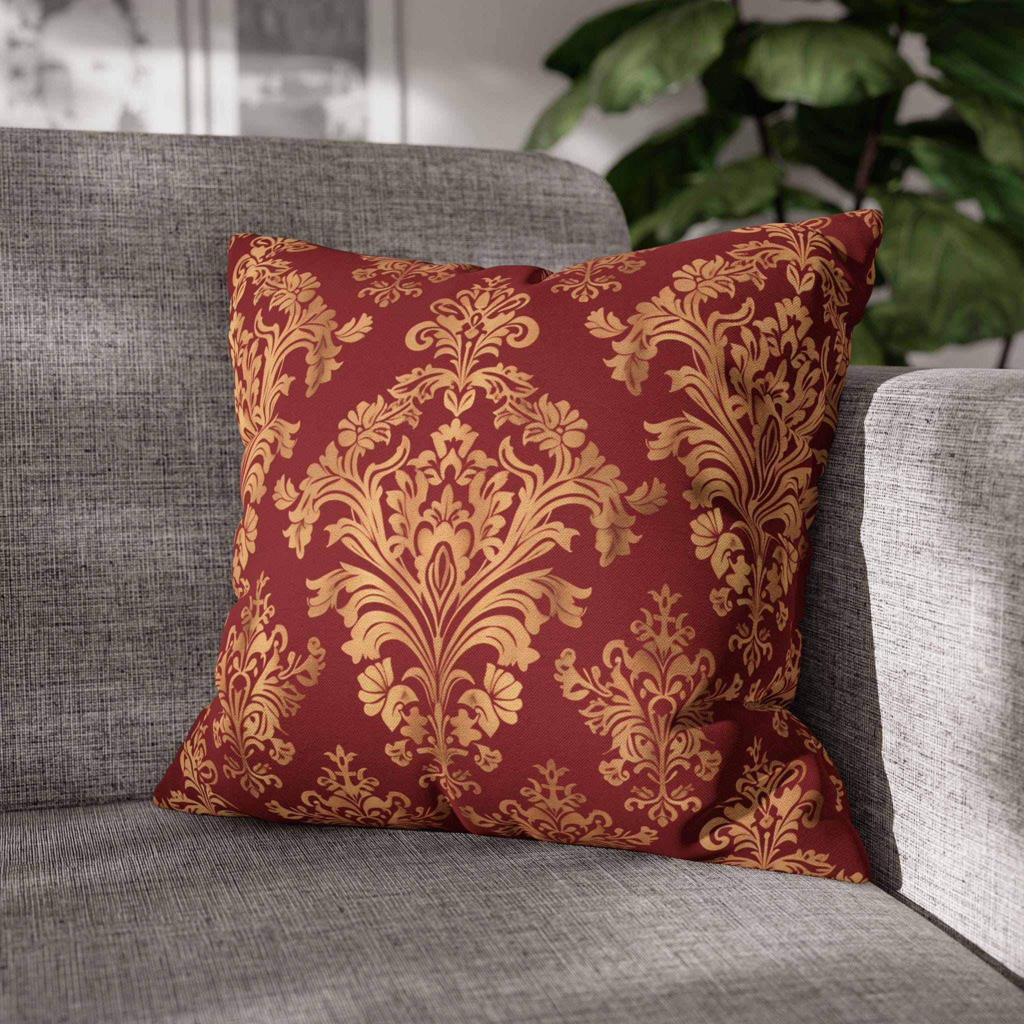 Luxurious Damask Pillow Cover | Gold  Motif on Red | Elegant Home Decor