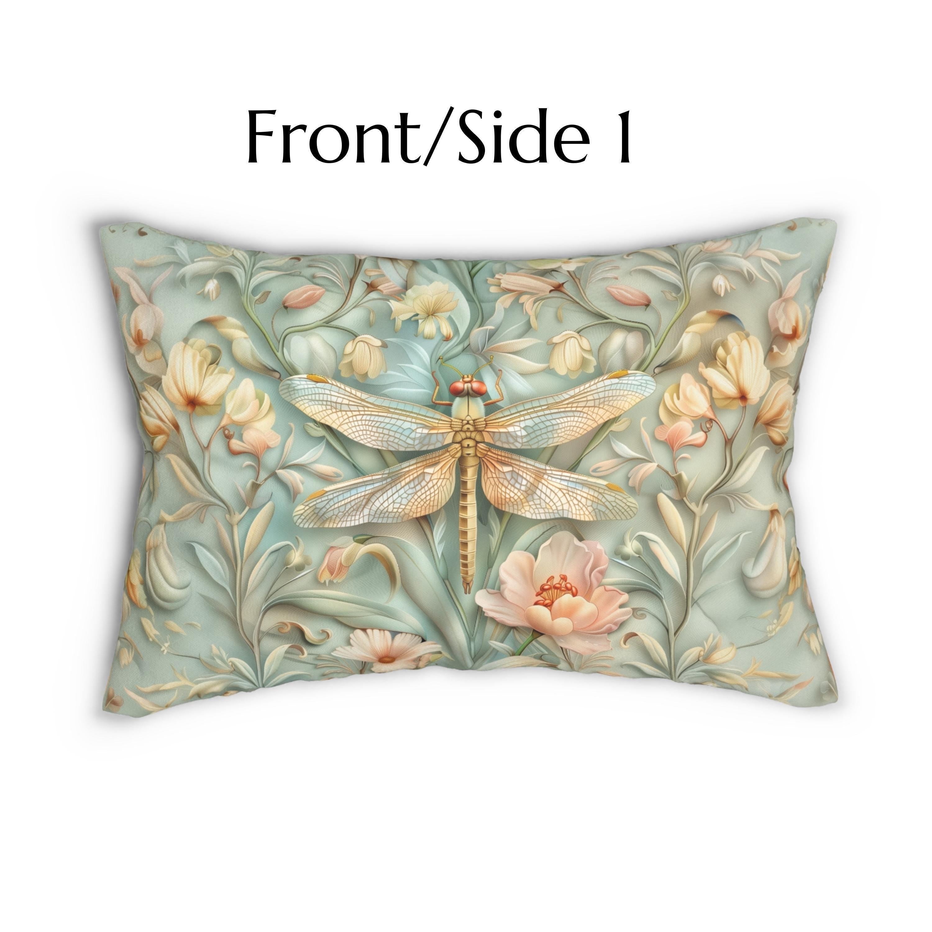 William Morris Inspired Dragonfly Lumbar Pillow: Blue, Gold & Pink Nature Design
