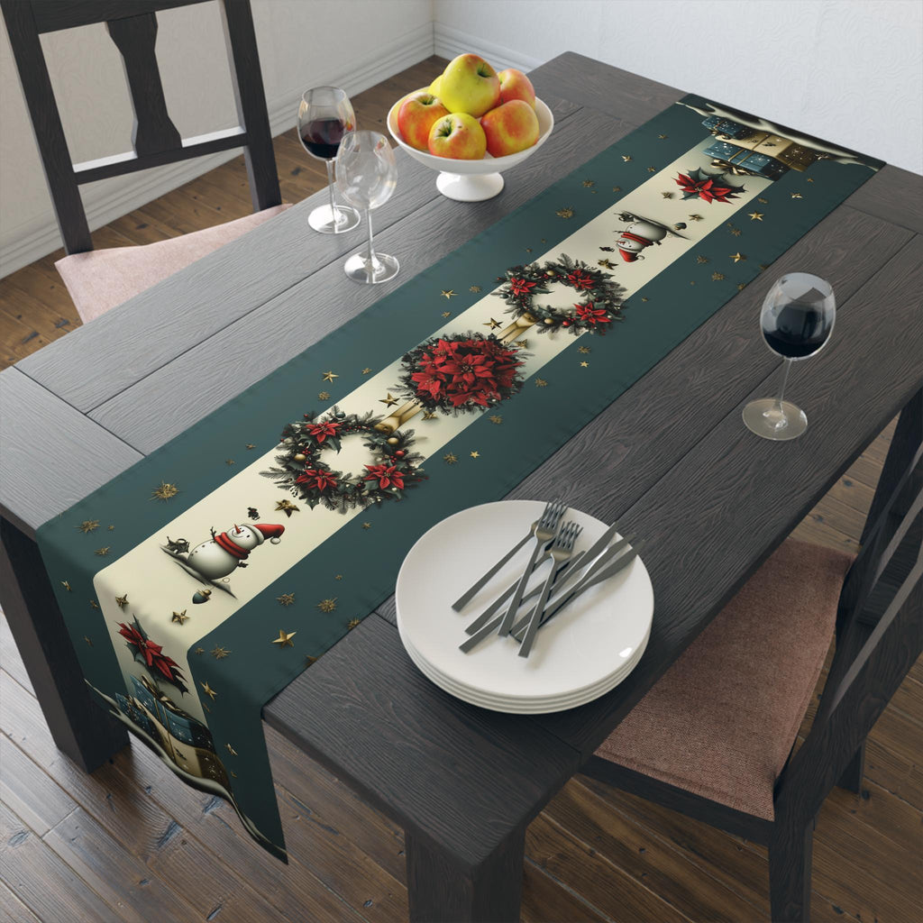 Vintage Nostalgia Christmas Table Runner: Snowman, Poinsettia & Wreaths on Deep Teal-Gray and Cream
