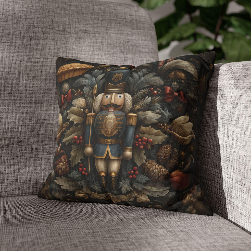 William Morris Inspired Nutcracker Christmas Pillow: Elegant Holiday Decor in Gray-Green, Gold & Red