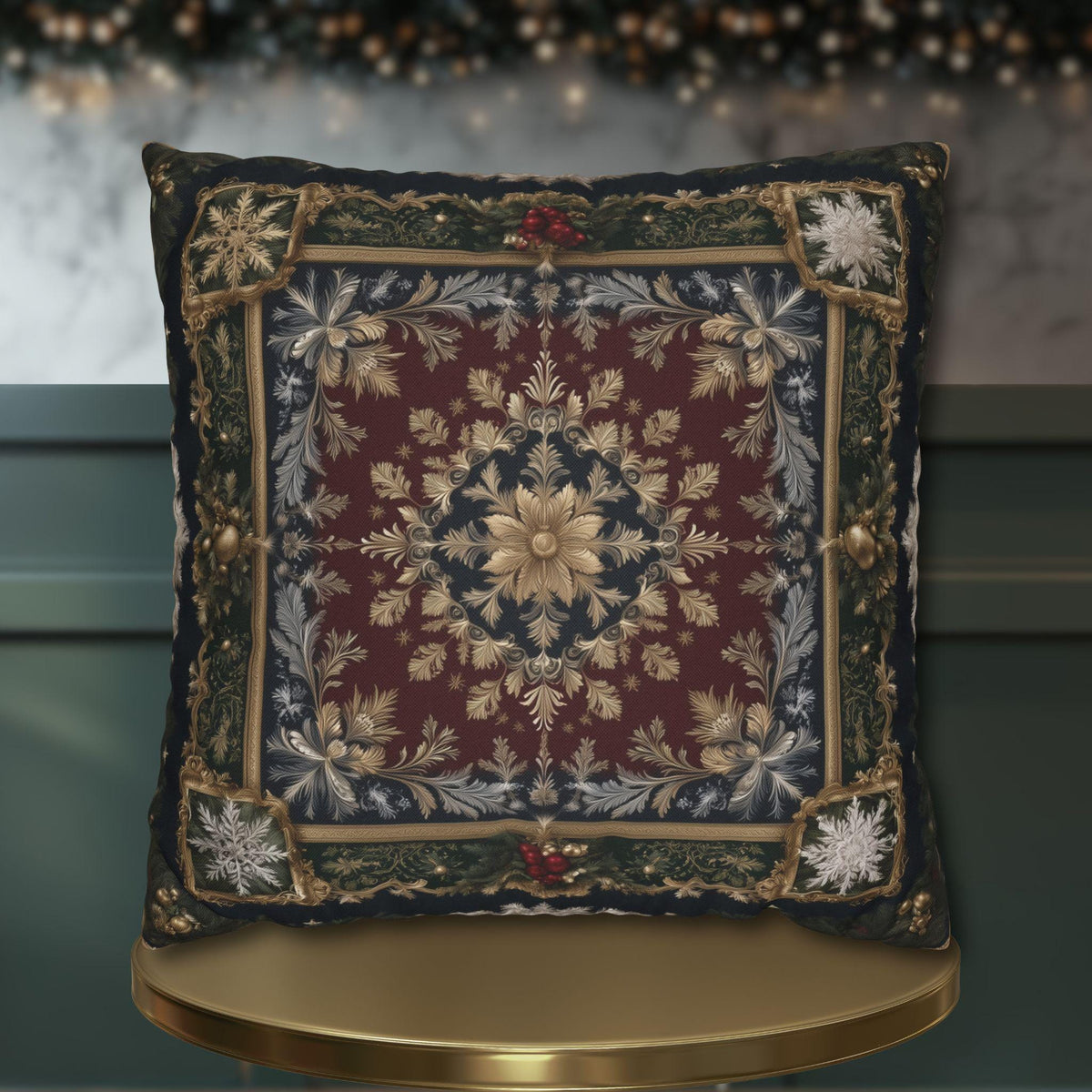 Baroque Christmas Pillow Cover: Burgundy Gold Navy Ornate Winter Damask, Traditional Holiday Decor