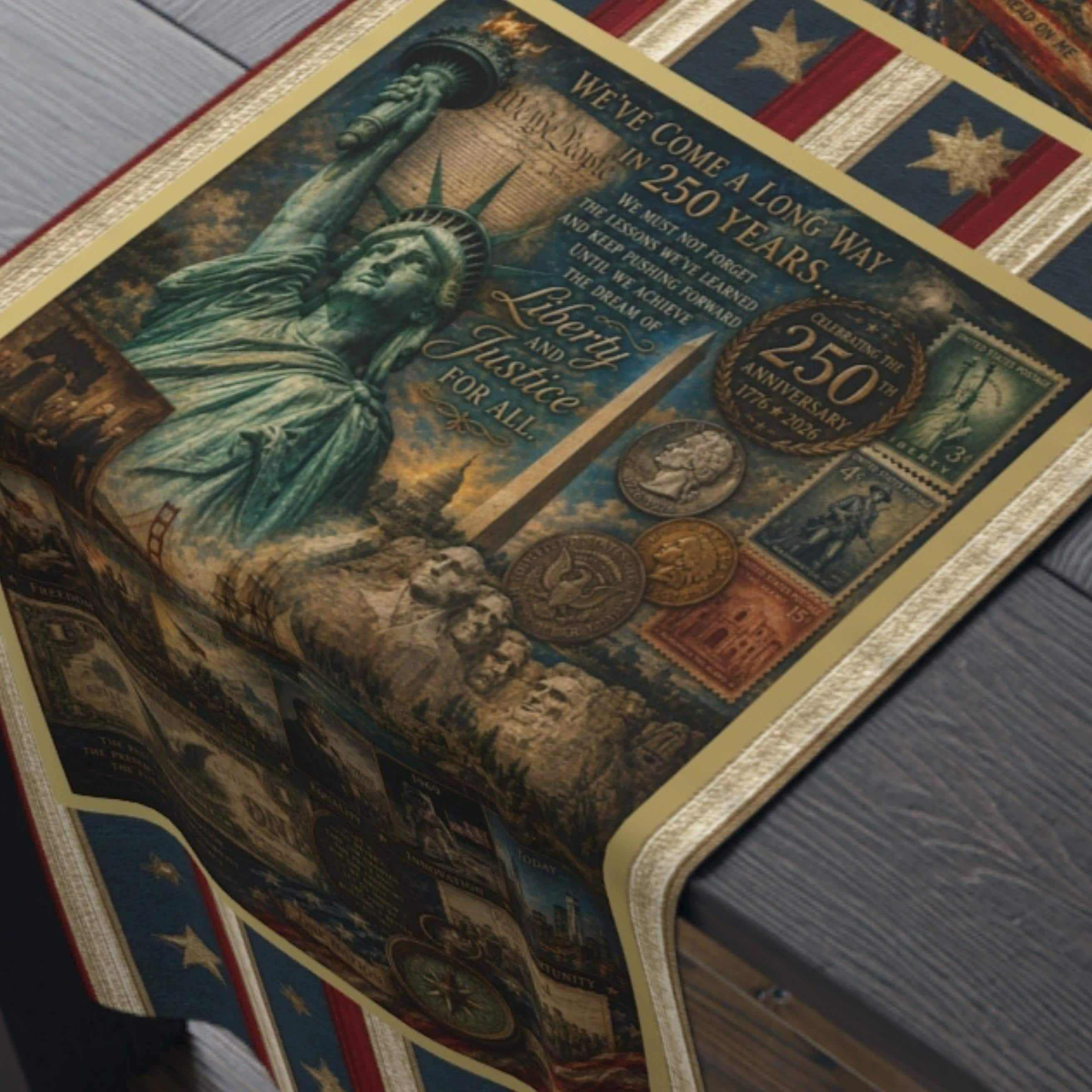 Patriotic Table Runner: USA 250th Anniversary Liberty and Justice Theme