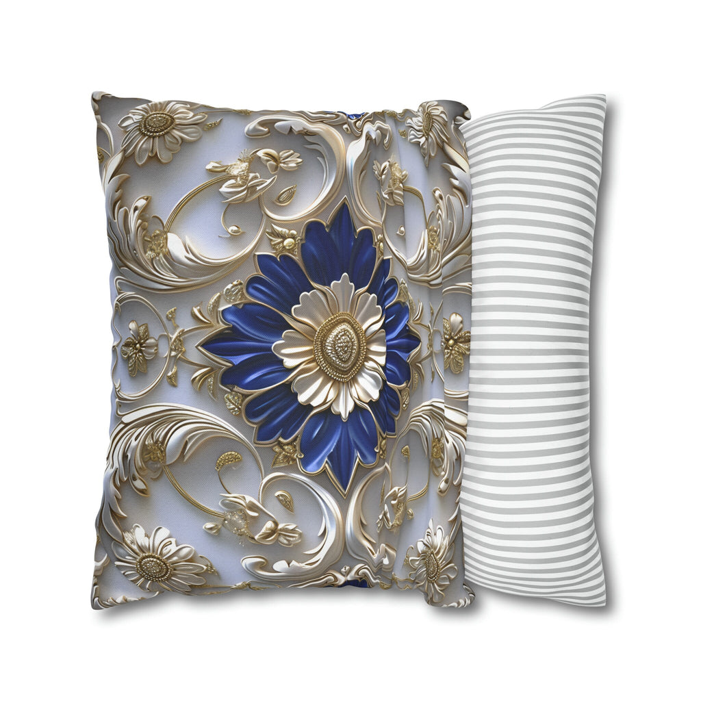 Baroque Floral Throw Pillow Cover: Cobalt Blue, Silver-Gray & Gold Accents, Elegant Cushion Case