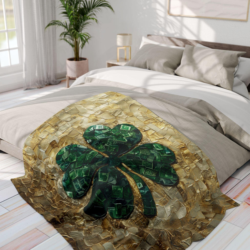 St Patrick's Day Lucky Clover Fleece Blanket - Green and Gold Irish Heritage Throw for Wealth & Fortune