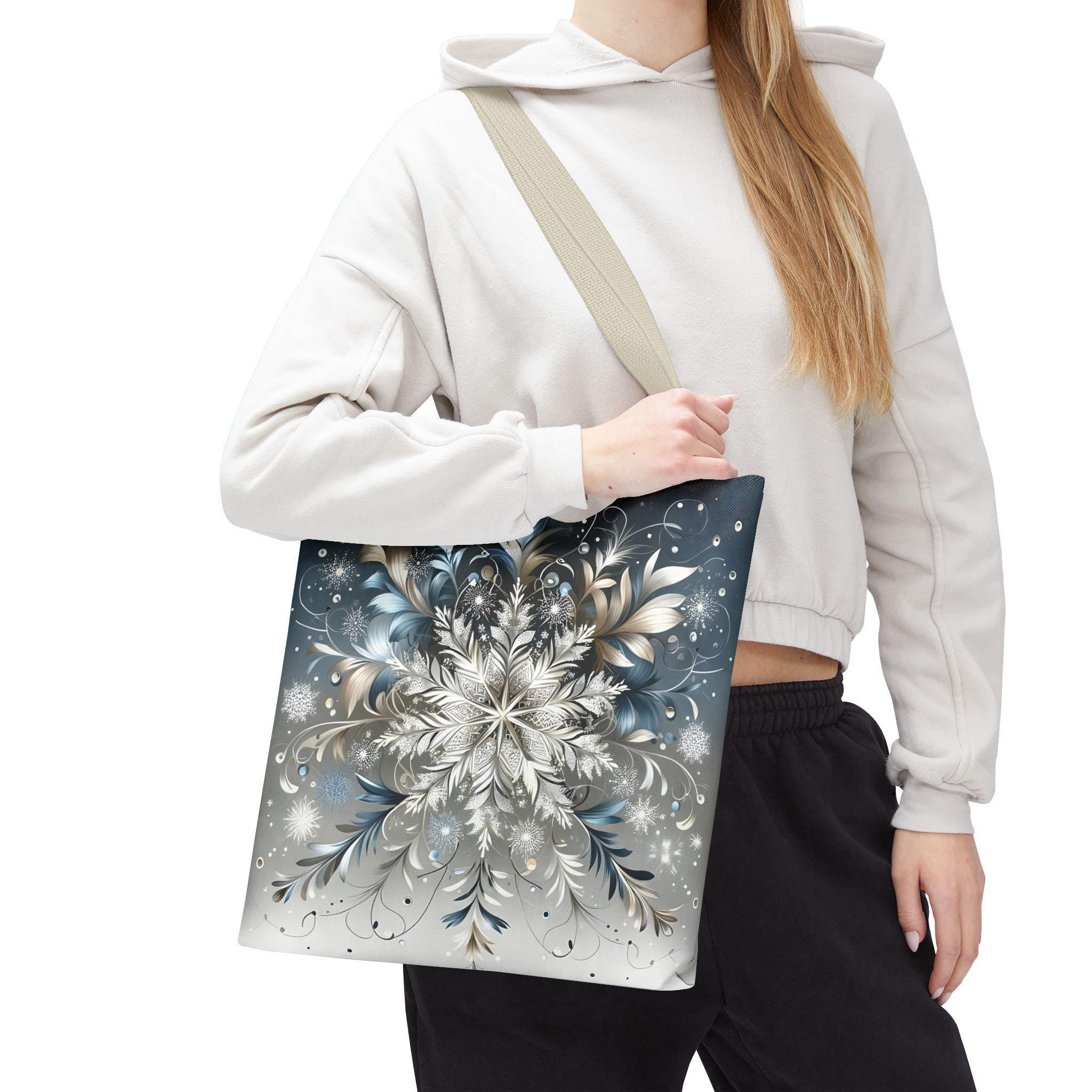 Elegant Snowflake Tote Bag, Silver & Blue Polyester Canvas
