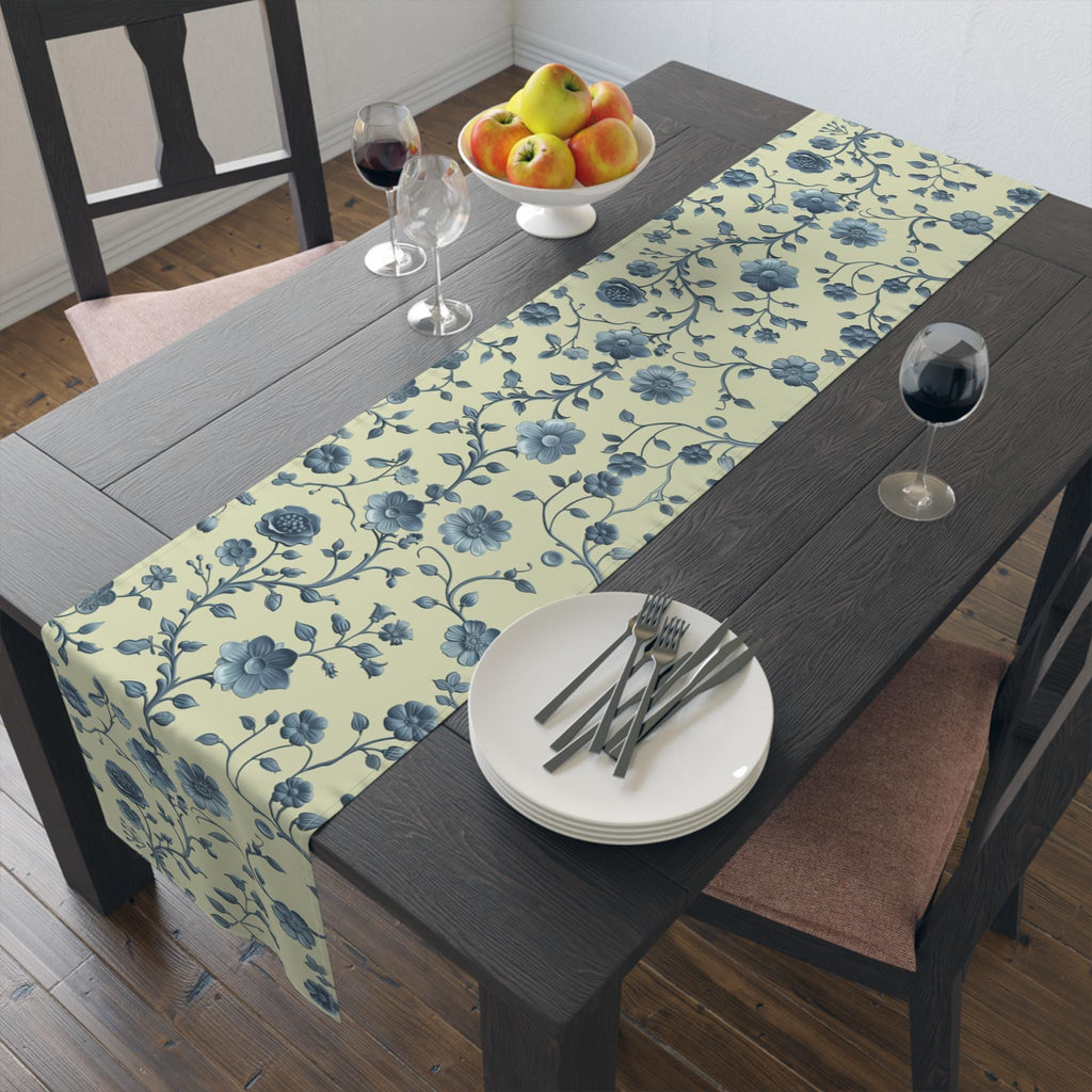 Teal Floral Chinoiserie Table Runner: Elegant Botanical Dining Decor on Buttery Yellow