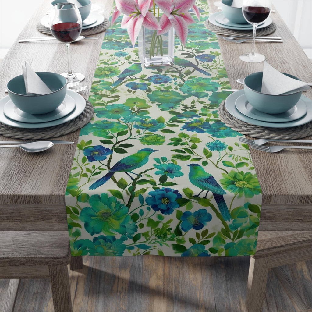 Chinoiserie Bird Table Runner: Teal Green Watercolor Floral