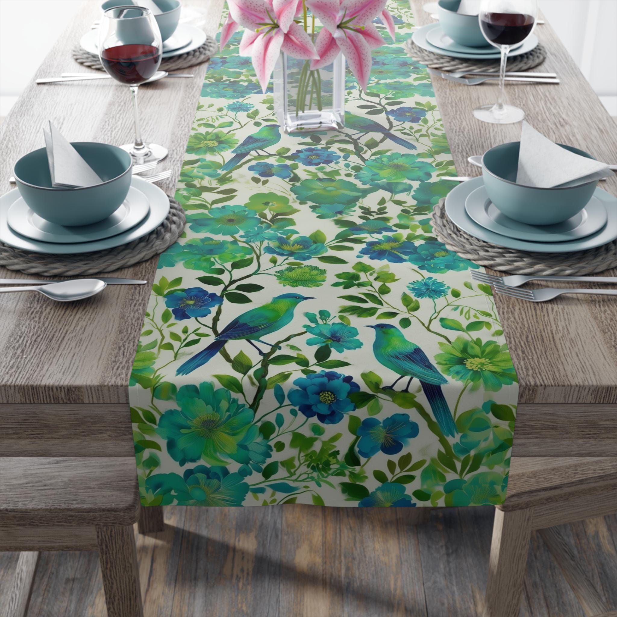 Chinoiserie Bird Table Runner: Teal Green Watercolor Floral