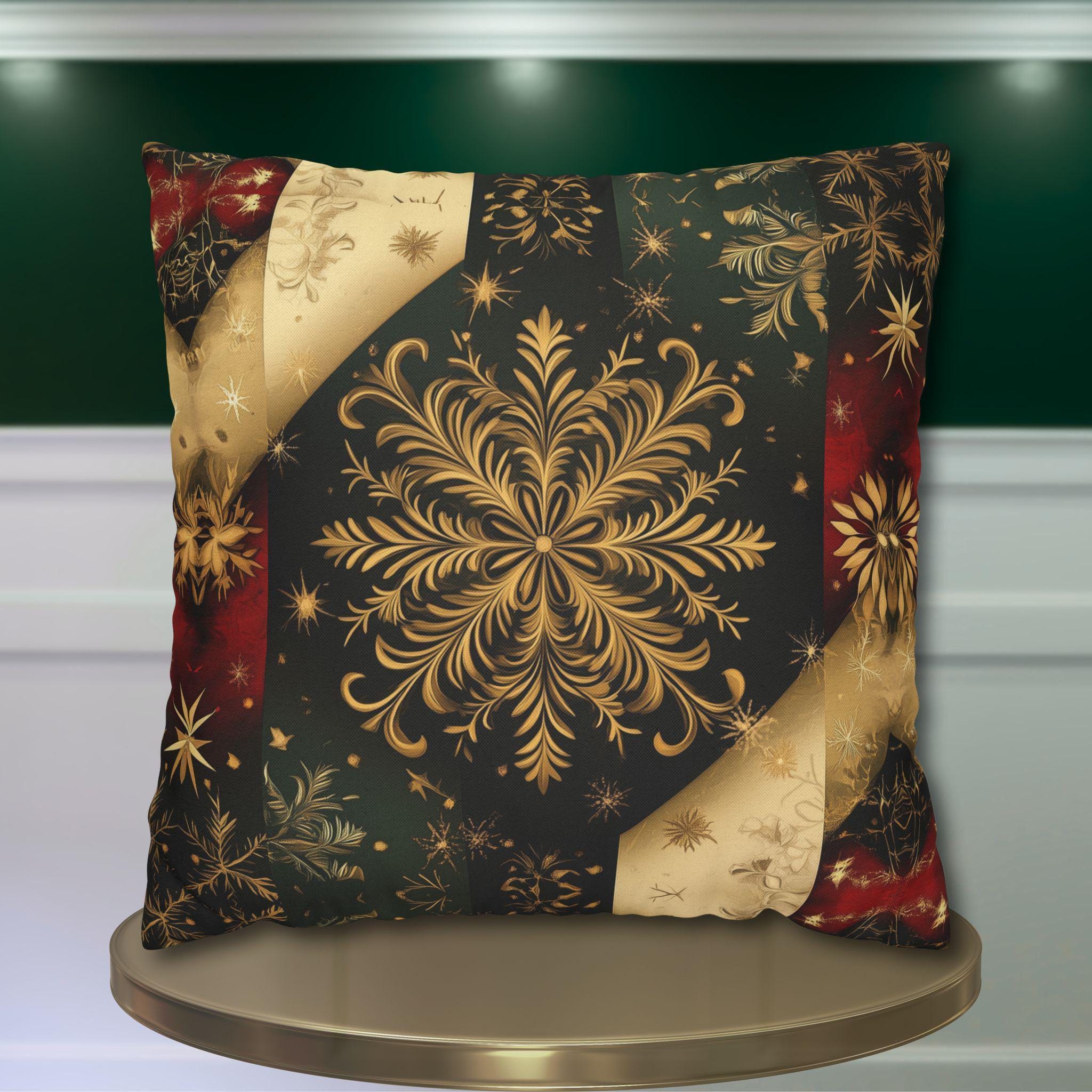 Luxurious Holiday Pillow Cover: Gold Snowflakes on Multicolor Christmas Design for Elegant Home Decor