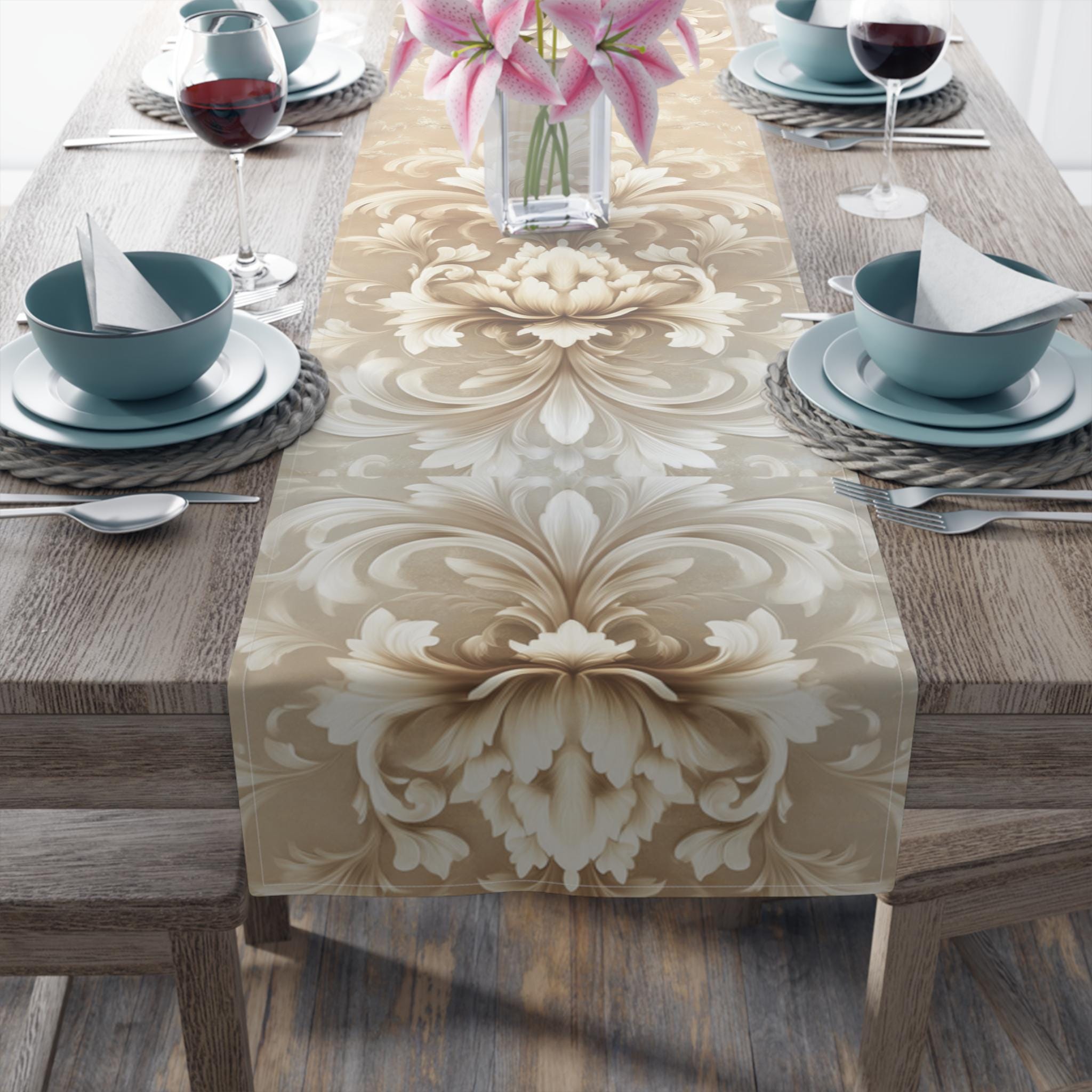 Elegant Damask Floral Table Runner: Ivory-Beige-Caramel Gradient, Luxury Home Decor Accent