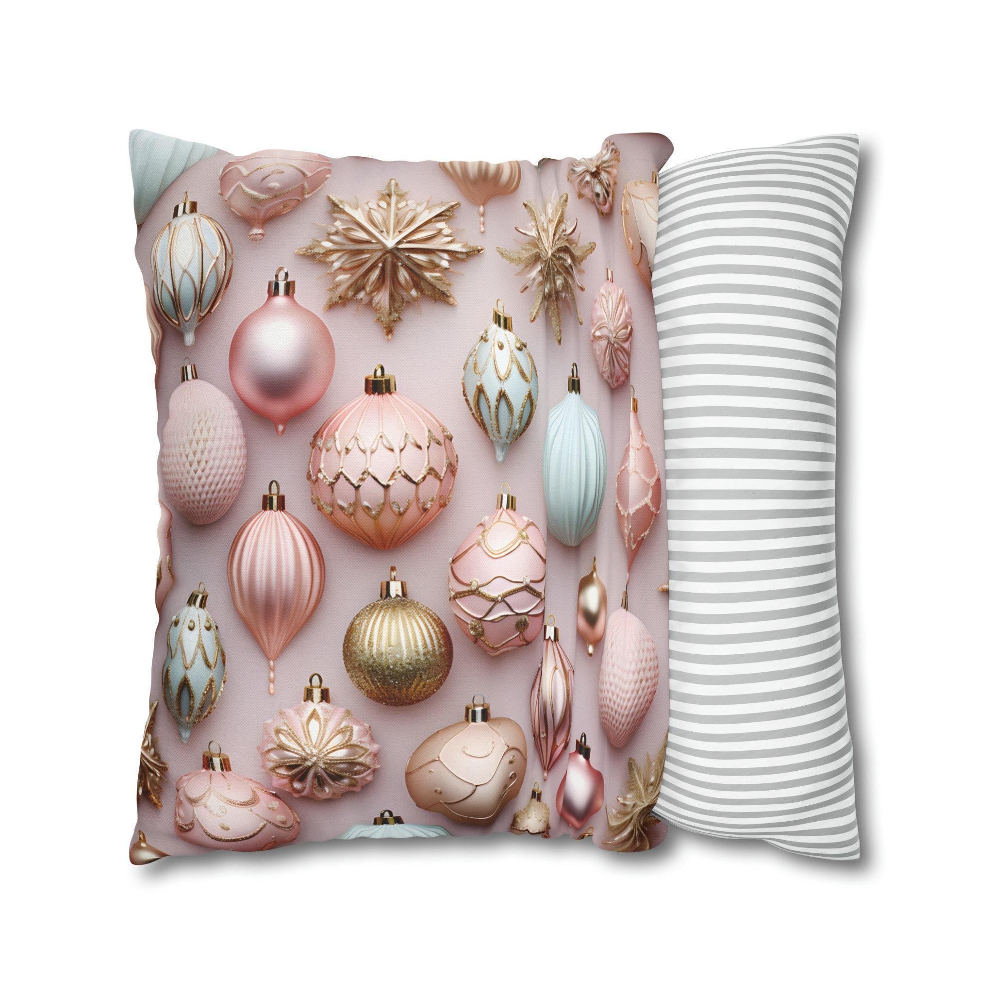 Pastel Holiday Ornaments Pillow Cover: Shimmer & Pink Pattern for Festive Elegance