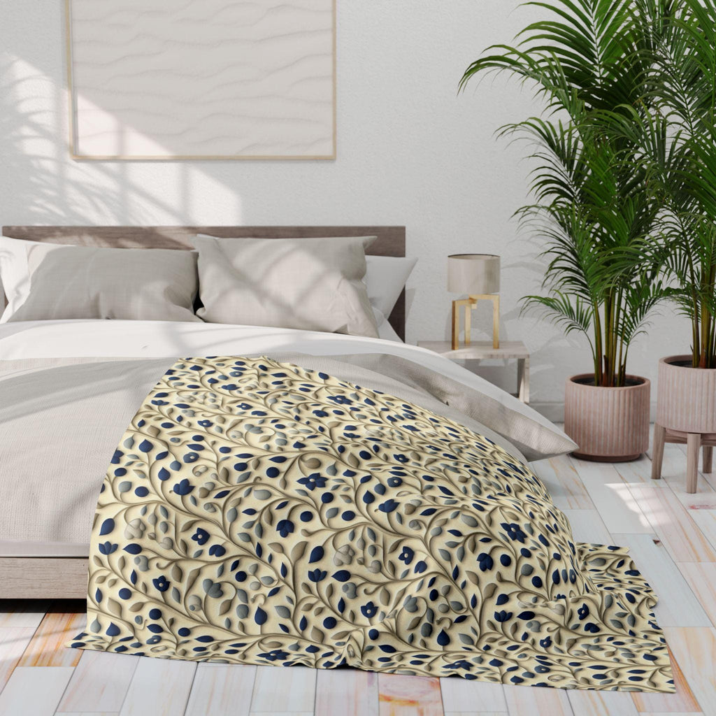 William Morris Fleece Throw: Navy Botanical Arts and Crafts Blanket