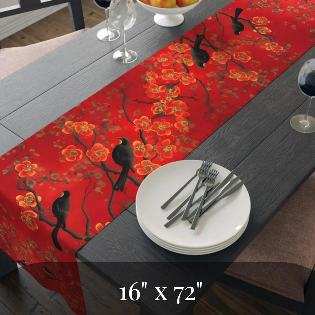 Elegant Red Chinoiserie Table Runner: Floral Branch with Black Birds for Asian-Inspired Dining Decor