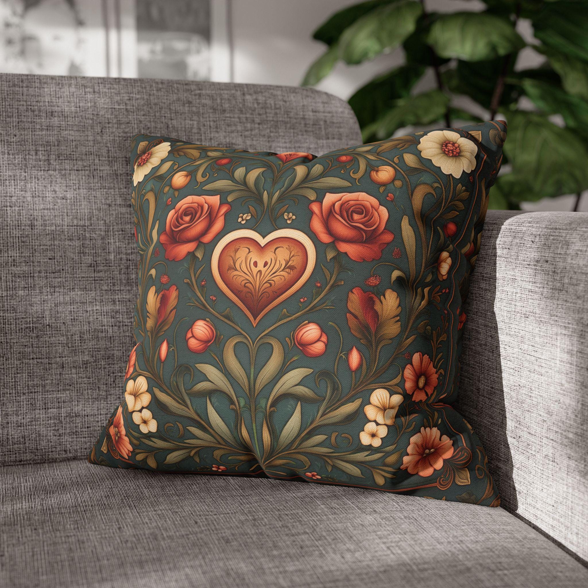 William Morris Inspired Valentines Heart Pillow Cover: Arts & Crafts Love Botanical