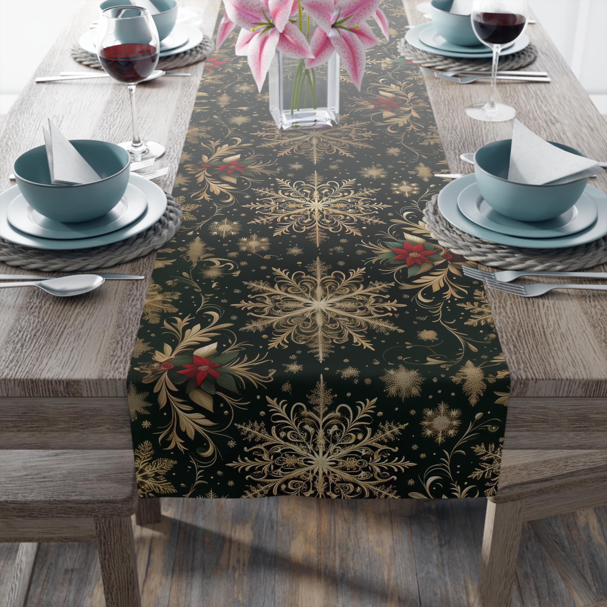 Emerald Christmas Table Runner: Elegant Gold Snowflake and Poinsettia Design for Festive Dining Decor
