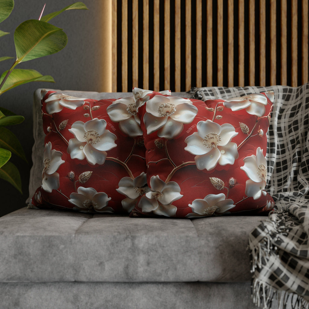Romantic Berry & White Floral Pillow Cover with Golden Centers - Elegant Cushion for Home Decor