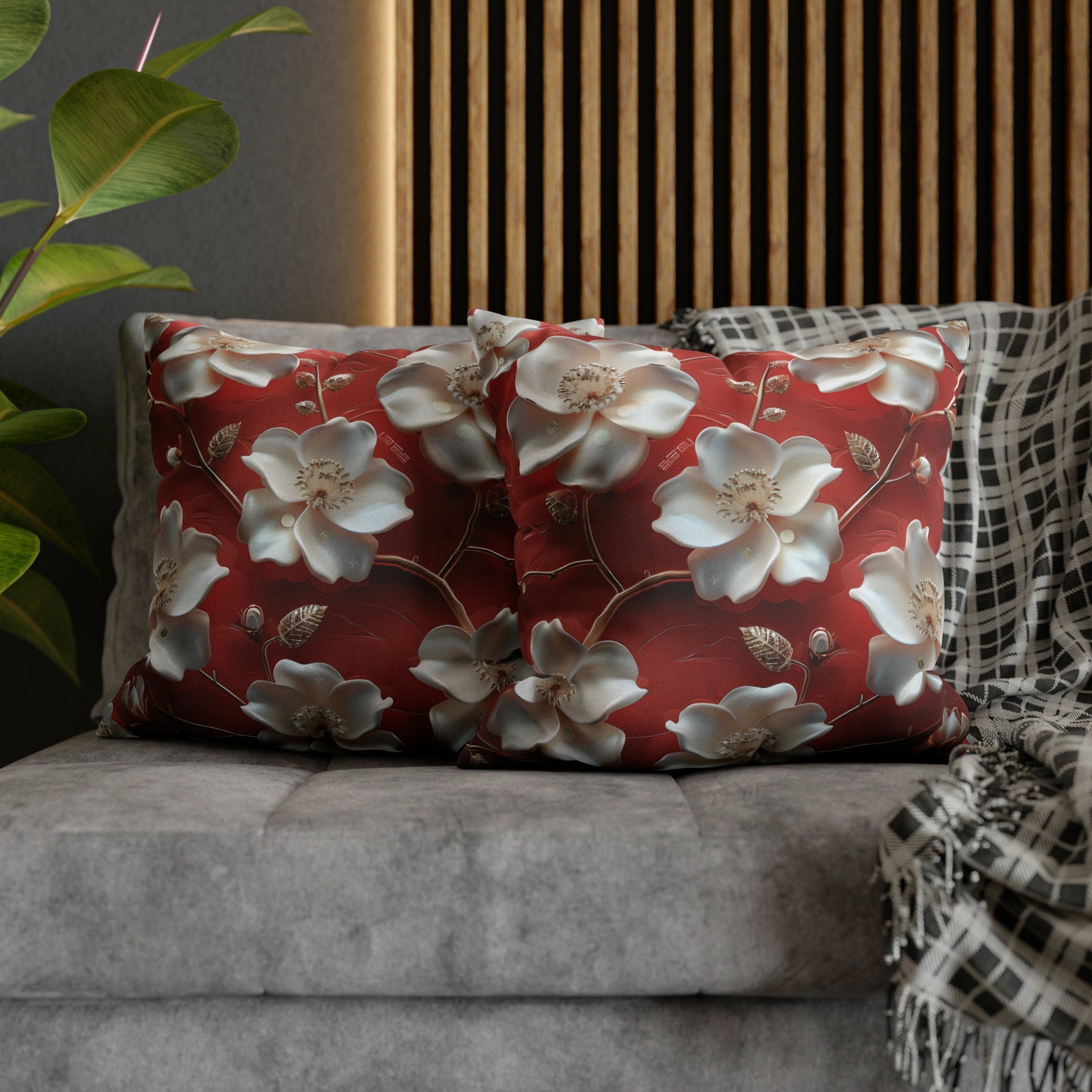 Romantic Berry & White Floral Pillow Cover with Golden Centers - Elegant Cushion for Home Decor