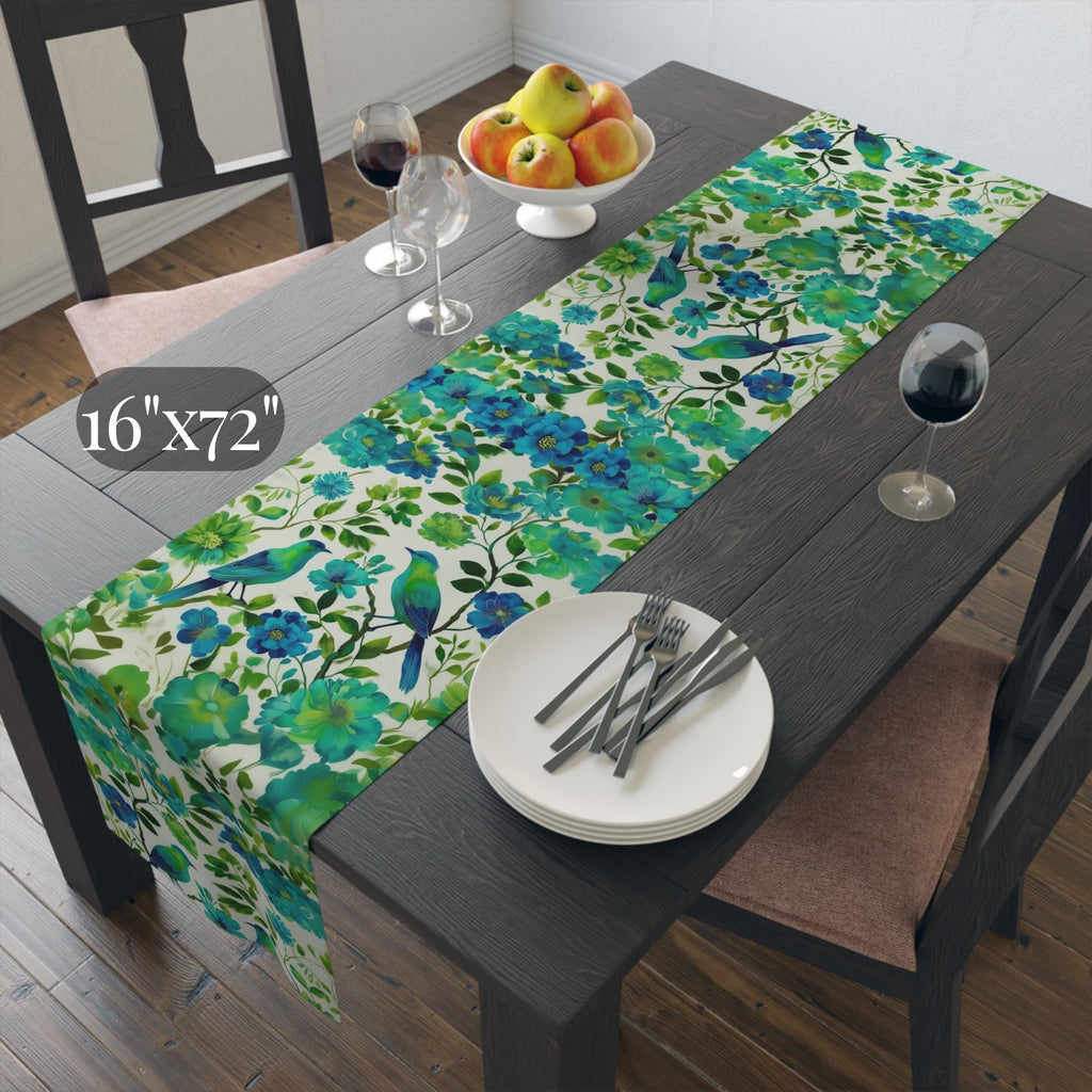 Chinoiserie Bird Table Runner: Teal Green Watercolor Floral