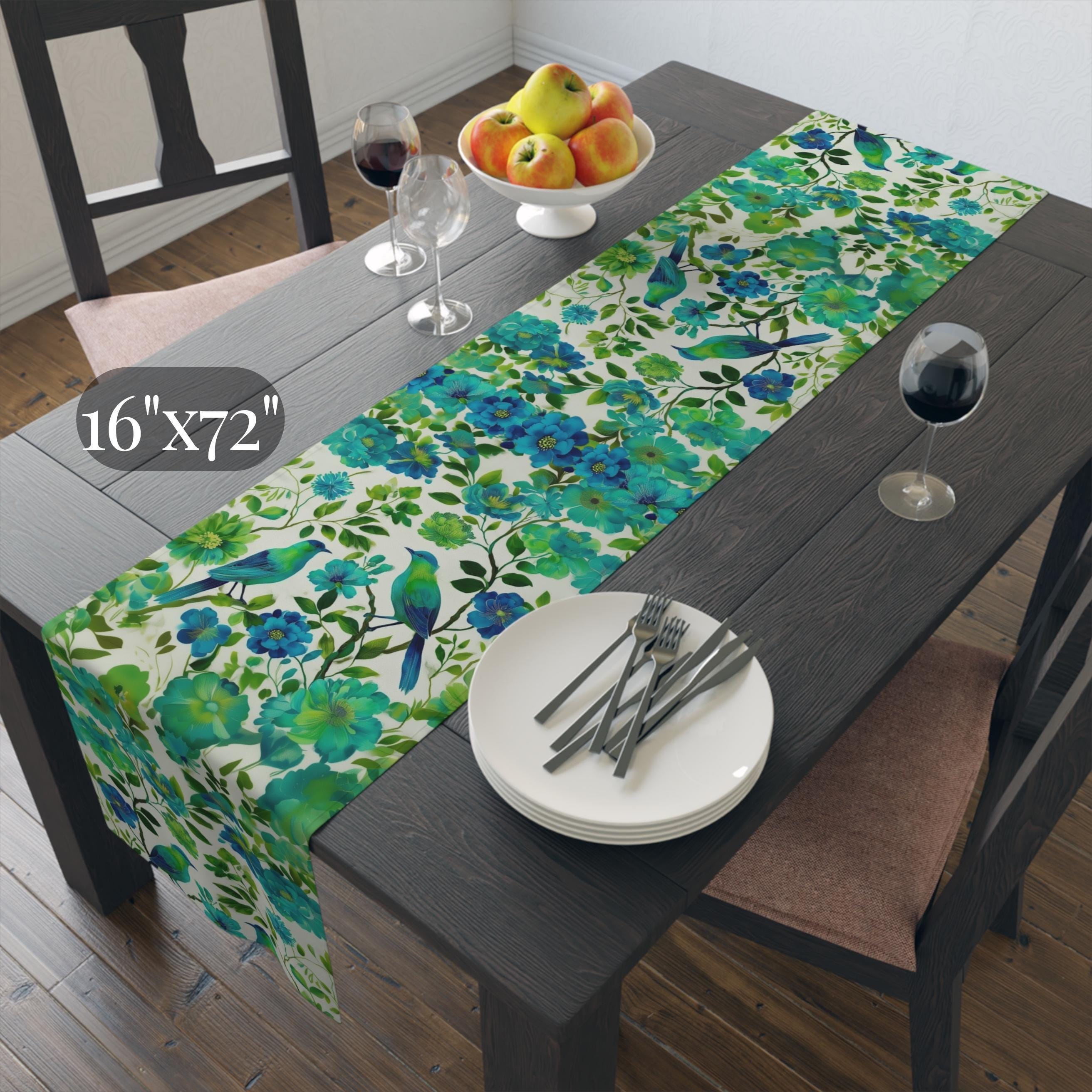 Chinoiserie Bird Table Runner: Teal Green Watercolor Floral