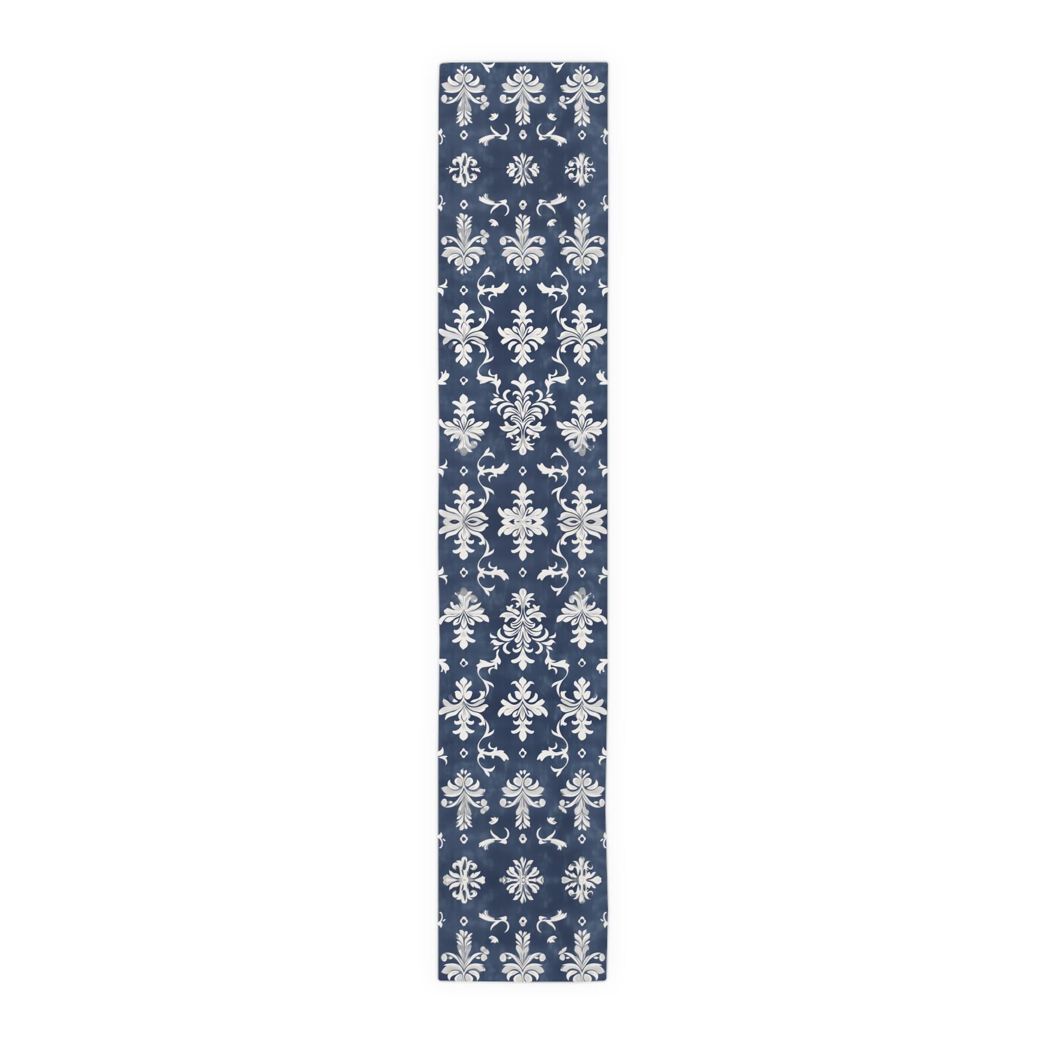Elegant Navy Blue & White Damask Table Runner for Wedding, Dining Room, and Home Decor