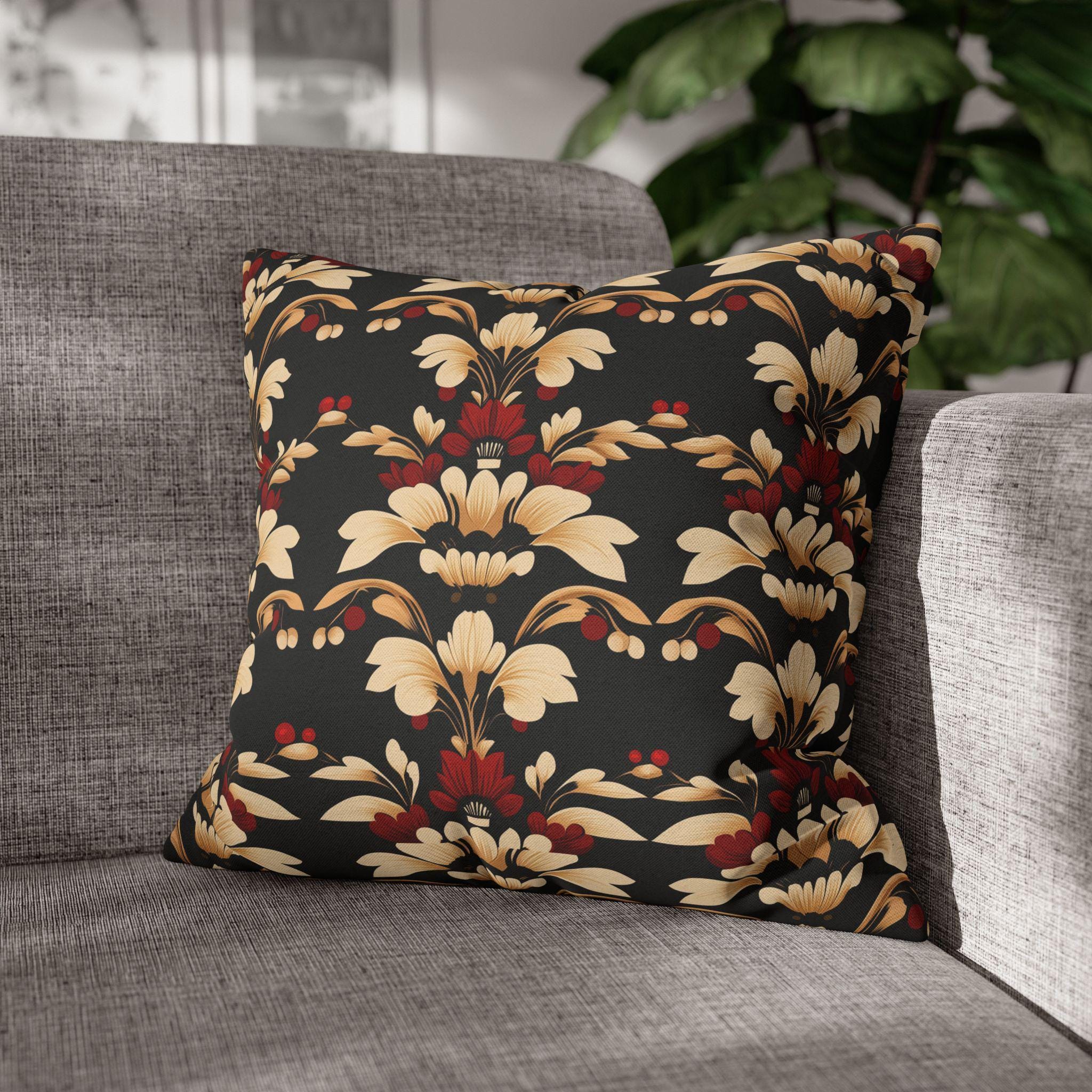 Vintage Style Floral Art Deco Throw Pillow Cover, Cream Red Gold