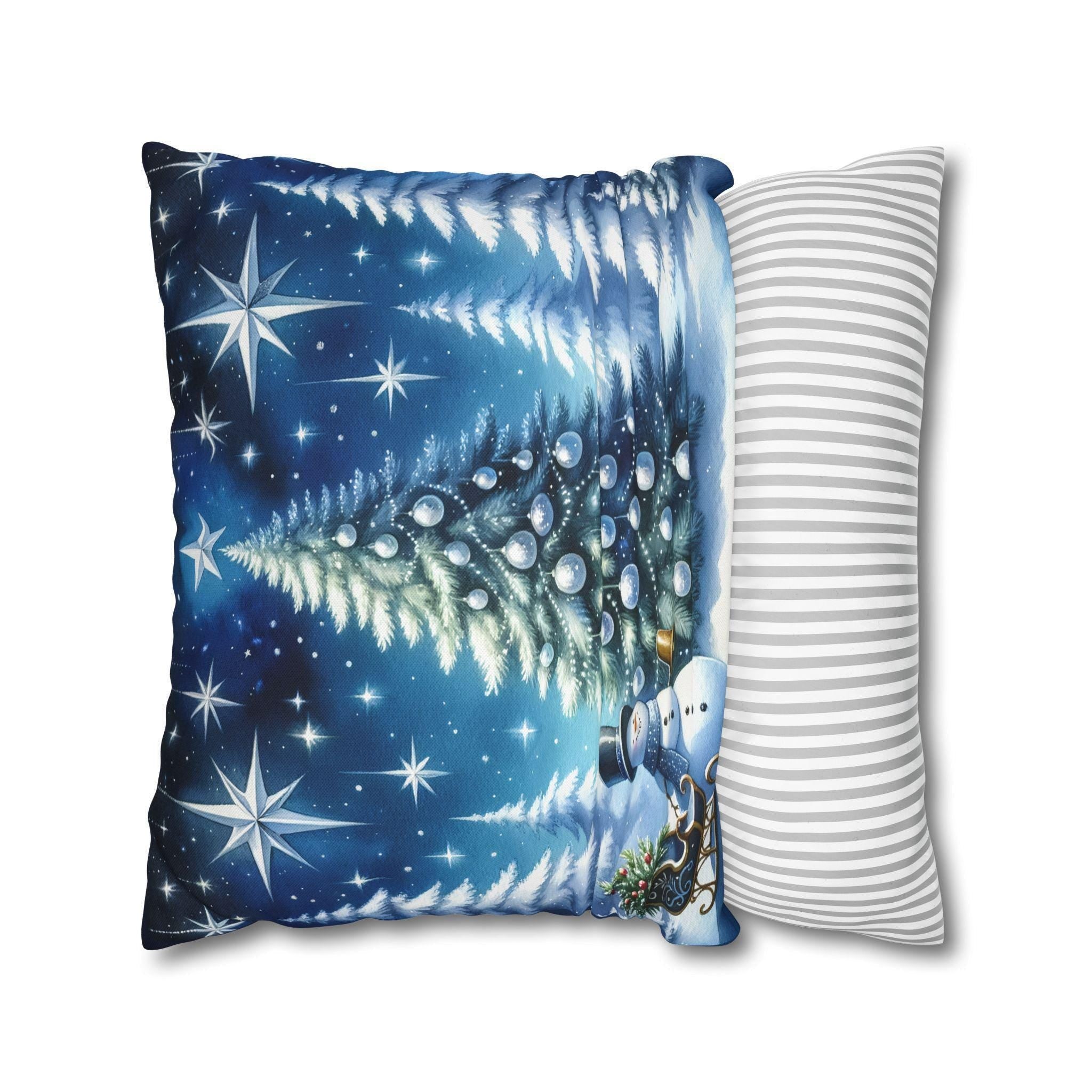 Serene Watercolor Style Christmas Pillow Cover: Snowman & Tree Winter Decor
